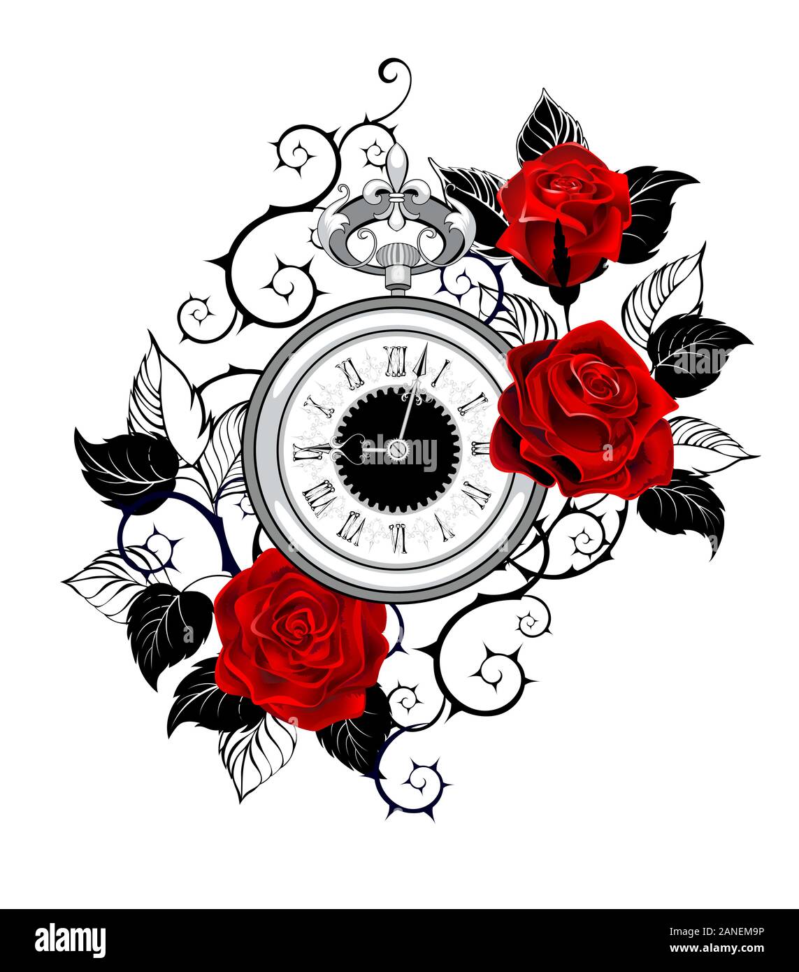 Contour, monochrome, antique clocks decorated with red roses with black contour leaves and stems. Tattoo style. Stock Vector