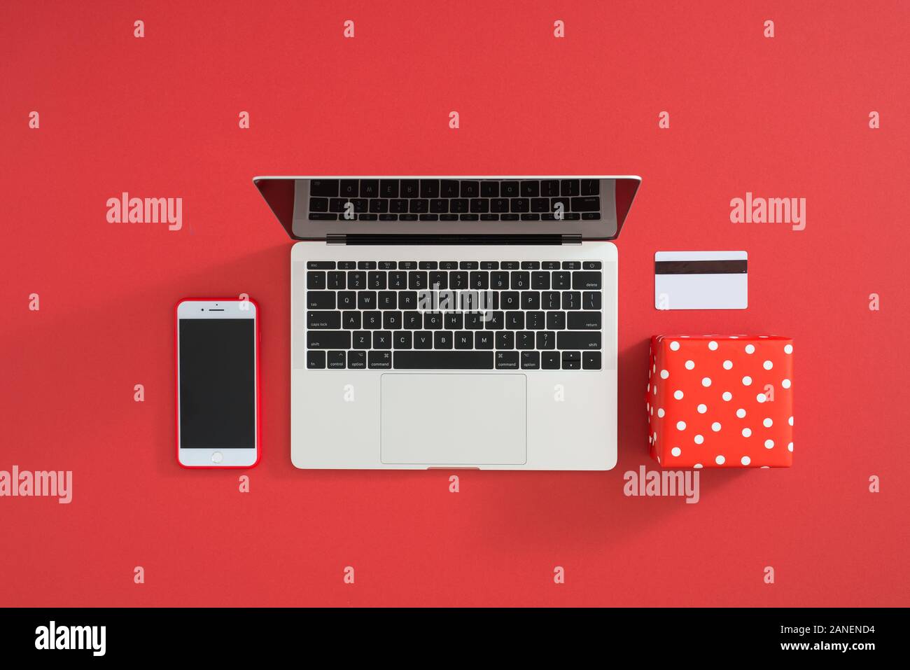 Online shopping concept desktop with computer, table, shopping bags