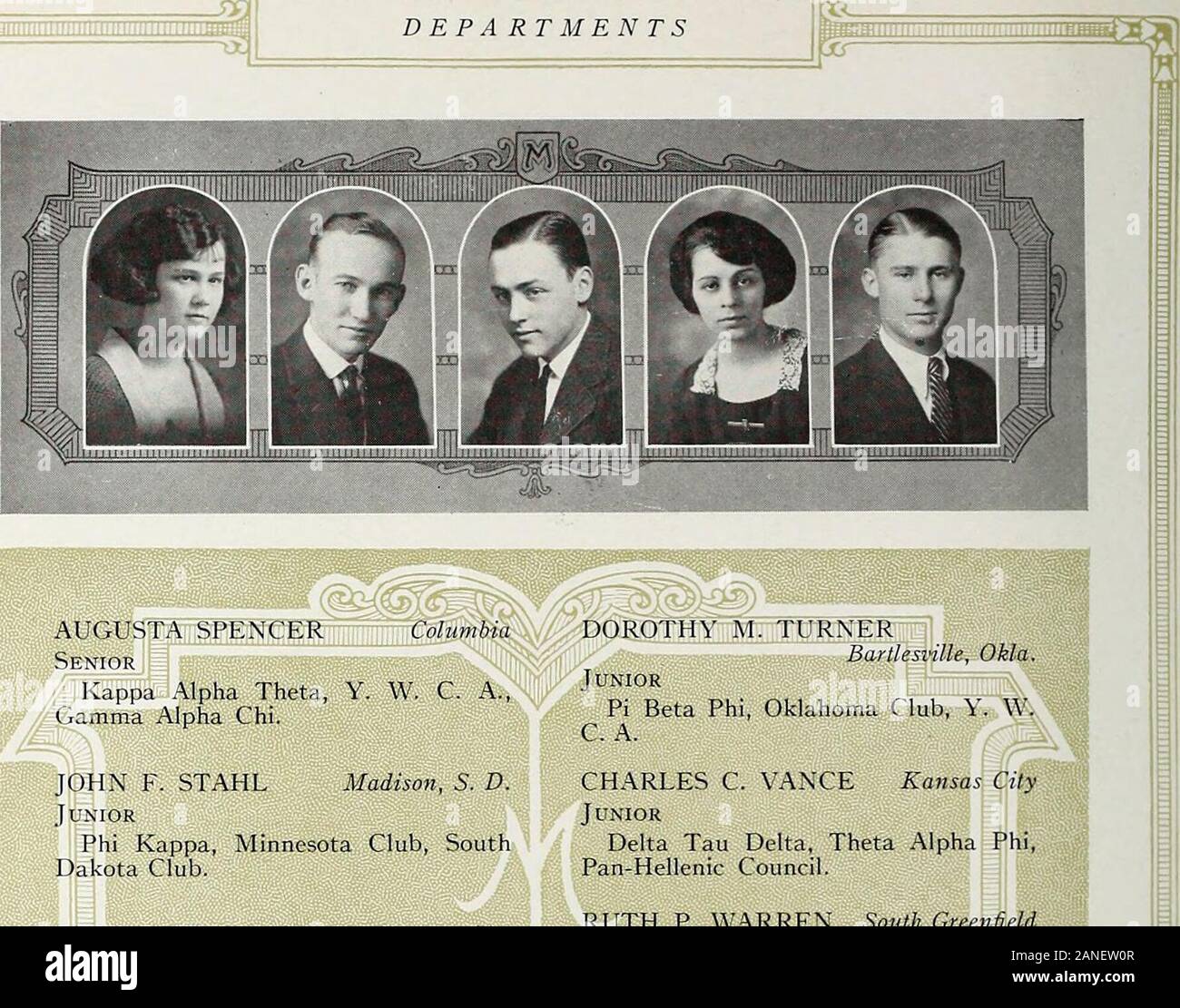 Savitar . ^jBmmMiii.:iiiniiiLlilll,lllilii,lili3gg. AUGUSTA SPENCERSenior Kappa Alpha Theta, Y. W. C. A.,Gamma Alpha Chi. JOHN F. STAHL Madison, S. D. Junior Phi Kappa, Minnesota Club, SouthDakota Club. JACK E. THOMAS Kansas City Junior DeMolay, Daubers, Spanish Club. BERN ICE THOMURE Bonne TerreSenior Theta Sigma Phi, Womens JournalismClub, W. S. G. A., Secy. St. FrancoisCounty Club. C. C. TUCKER De Rocheport Junior Dramatic Club, French Club, MizzouRazzers, Y. M.C.A. Cabinet, Athenaean. CHARLES C. VANCE Kansas CityJunior Delta Tau Delta, Theta Alpha Phi,Pan-Hellenic Council. RUTH P. WARREN S Stock Photo