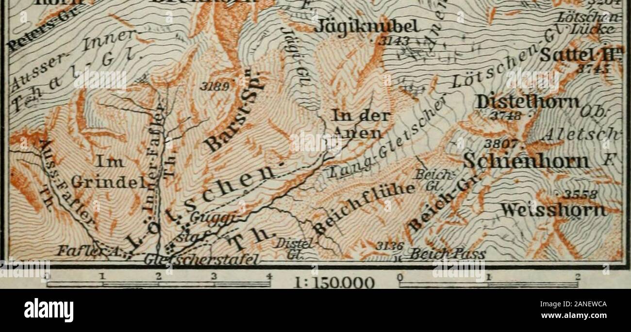 Switzerland and the adjacent portions of Italy, Savoy, and TyrolHandbook for travellers . lieUerJucJrr ?- IiotH -^^^ Breitlomv t ^^ JSftaOfochGrossTtorn  7a. KSo-niptex LAUTERBRUNNEN. III. Route 47. 175 Almen^ Fritz and Carl Christ. Graf. Fritz Fvchs., Ulrich Brunner, KarlSchlunegger, Christ, and Fr. Steiner. — English Church Service in summerat the Steinbock. Lauterhrunnen (2615), a pretty, scattered village, lies on bothbanks of the Liitschlne, in a rocky valley 1/2 ^f- hroad, into which inJuly the suns rays do not penetrate before 7, and in winter not till11 a.m. It derives its name (nothi Stock Photo