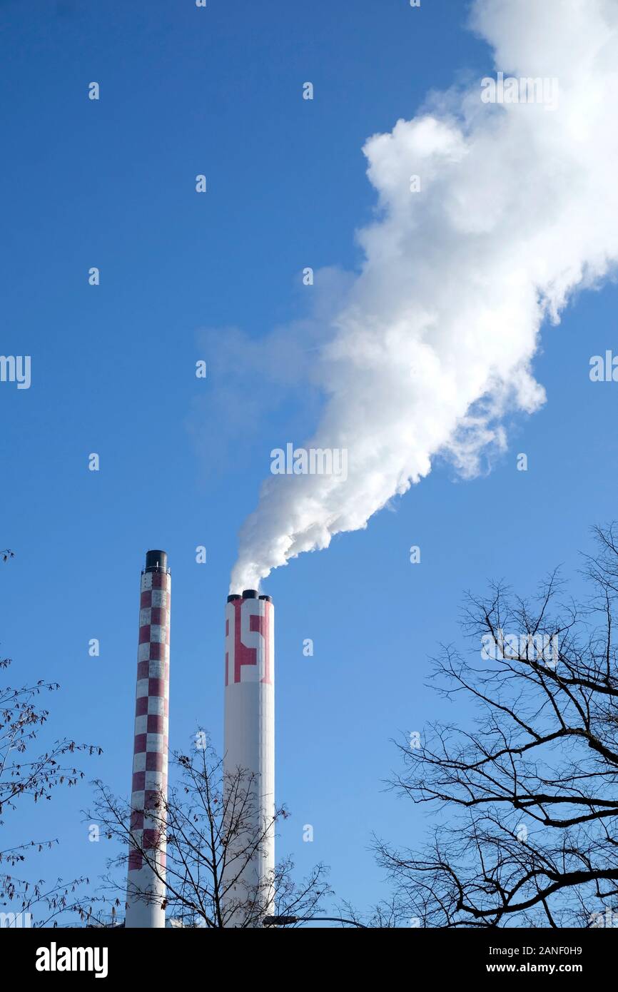 A general view of smoking chimney in Basel, Switzerland. Stock Photo