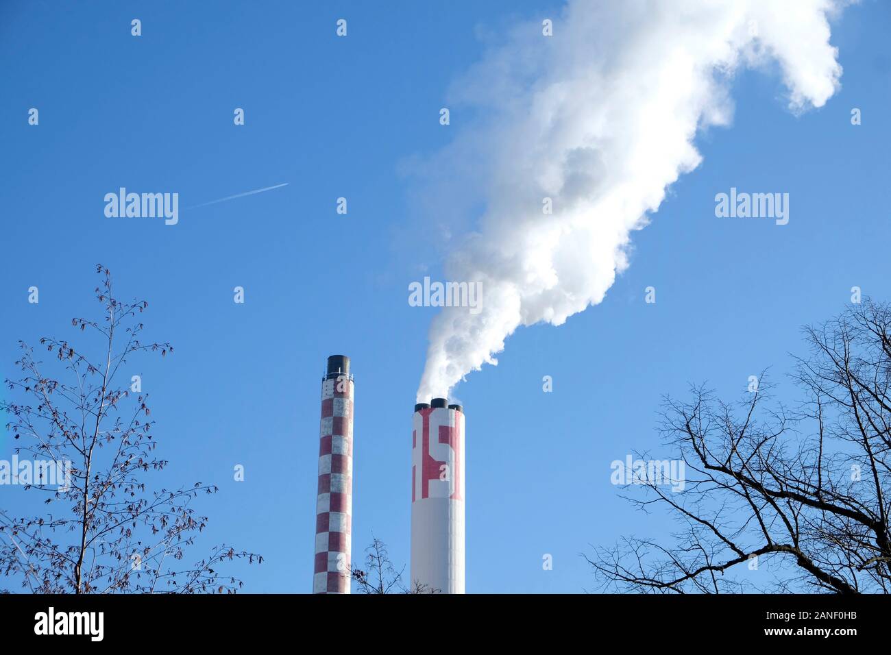 A general view of smoking chimney in Basel, Switzerland. Stock Photo
