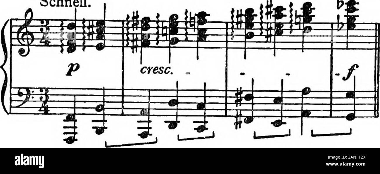 Modern harmony, its explanation and application . milar cases, the aural intelligence is soengaged in following the interesting melodic lines, that it hasa diminished power left to attend to the exact harmonicinter-relation of the parts. Even if the ear had time to dothis, the mind would account at once for any comparativecacophony, by the onward sweep of the individual parts;just as in playing scales in contrary motion on the keyboard,we make no demur at the occasional ninths and sevenths. In Example 297, the firm and determined progress of themelody in itself would atone for the free progres Stock Photo