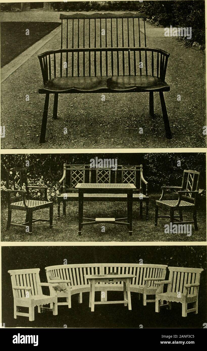 Modern cabinet work, furniture & fitments; an account of the theory & practice in the production of all kinds of cabinet work & furniture with chapters on the growth and progress of design and construction; illustrated by over 1000 practical workshop drawings, photographs & original designs . o QQ w en &gt; &lt; 13 - QasQ QW z o CO wC ^ Plate XXXVII.. An Eighteenth Century Garden Seat at Jesus College, Oxford.Garden Furniture. By Mr J. P. White, Pyghtle Works, Bedford. &gt; XX X Oh Stock Photo