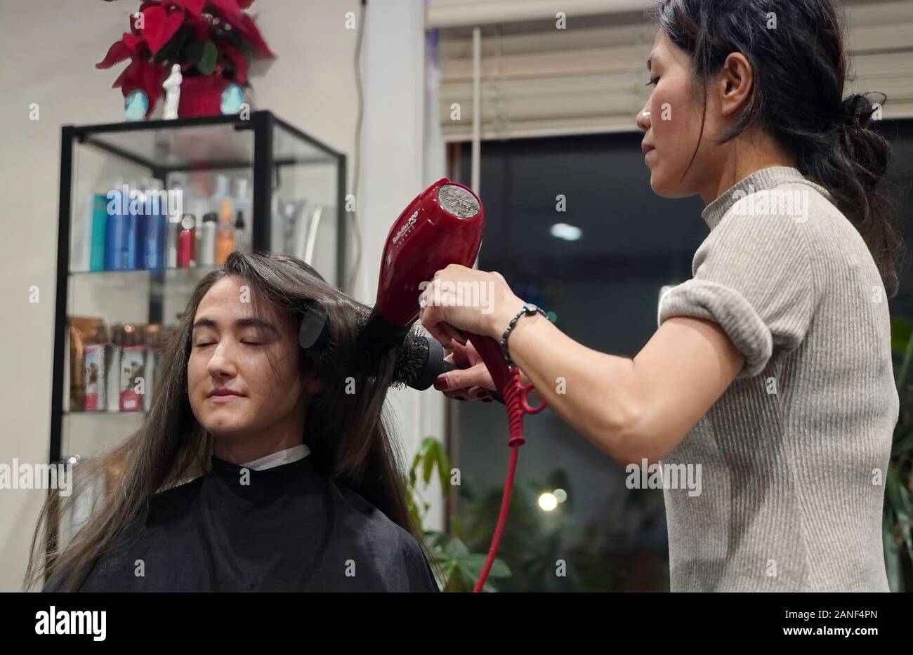 Cromwell, CT / USA - December 27, 2019: Asian hair stylist straightens a female patron's hair Stock Photo