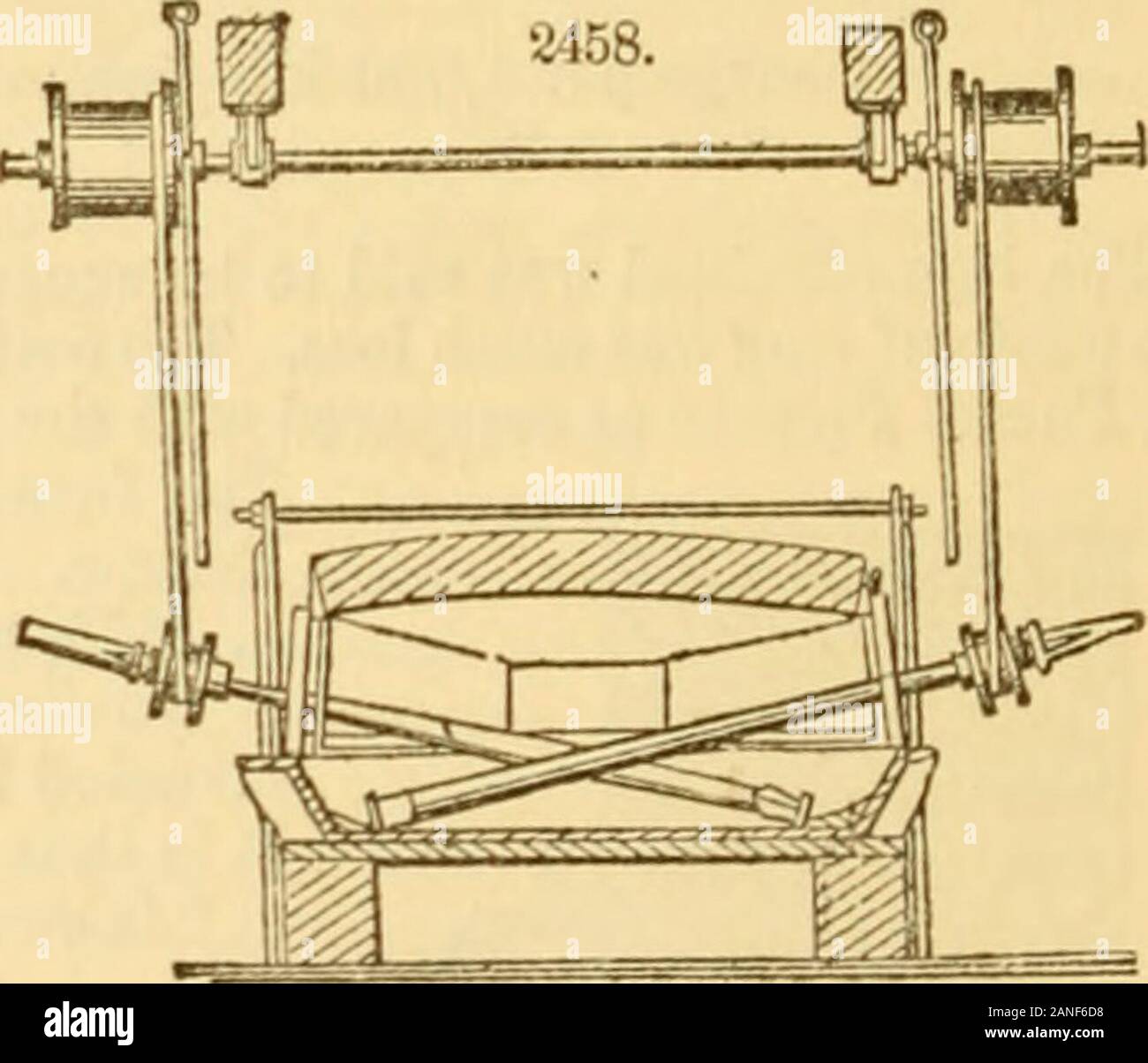 Appletons' cyclopaedia of applied mechanics: a dictionary of mechanical engineering and the mechanical arts . pinasse, and erected at the Firminy Iron Works, France, the puddling apparatus consists essentiallyof a vertical shaft placed in the centre of the furnace, through the arched roof of which it passes ;this shaft, which receives a rotary motion, and may be raised or lowered at will, carries at its lowerend two helicoidal wings or blades, which revolve in the bath of molten metal and thus effect thepuddling. The results of this furnace are stated to have Bhown, in comparison with the ordi Stock Photo