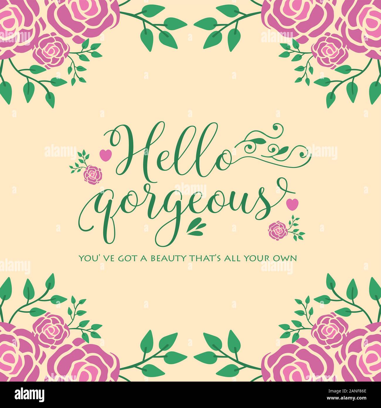 Design of hello gorgeous card, with unique leaf and floral frame ...