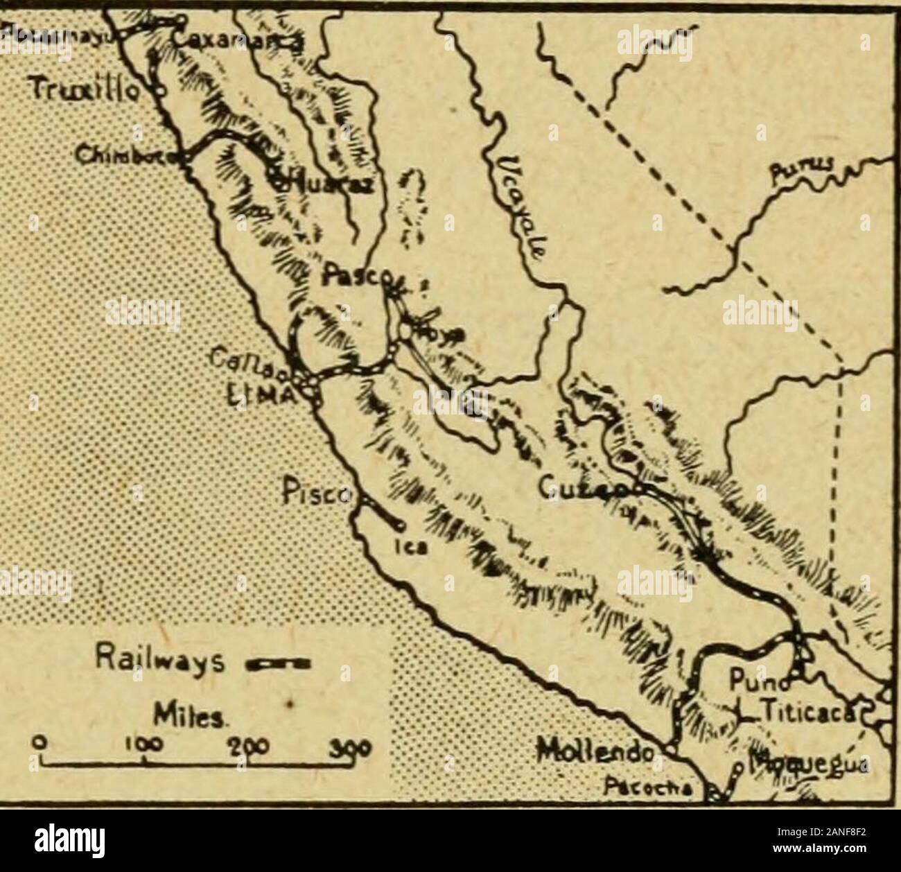 The international geography . ruvianterritory, are navigable by steamers for 740 miles. Coast Departments and Towns.—Peru is divided into eighteendepartments, of which eight are on the coast, eight in the high interiorand two entirely on the navigable eastern rivers. Piura, the most northerndepartment on the coast, has as its capital San Miguel de Piura, founded byPizarro. It is in a fertile valley, and a railway runs to its seaport, Payia.Next, along the coast, comes the new department of Lambayeque, alsowith a railway to the port of Etcn. Libertad contains the old city ofTruxillo, founded by Stock Photo
