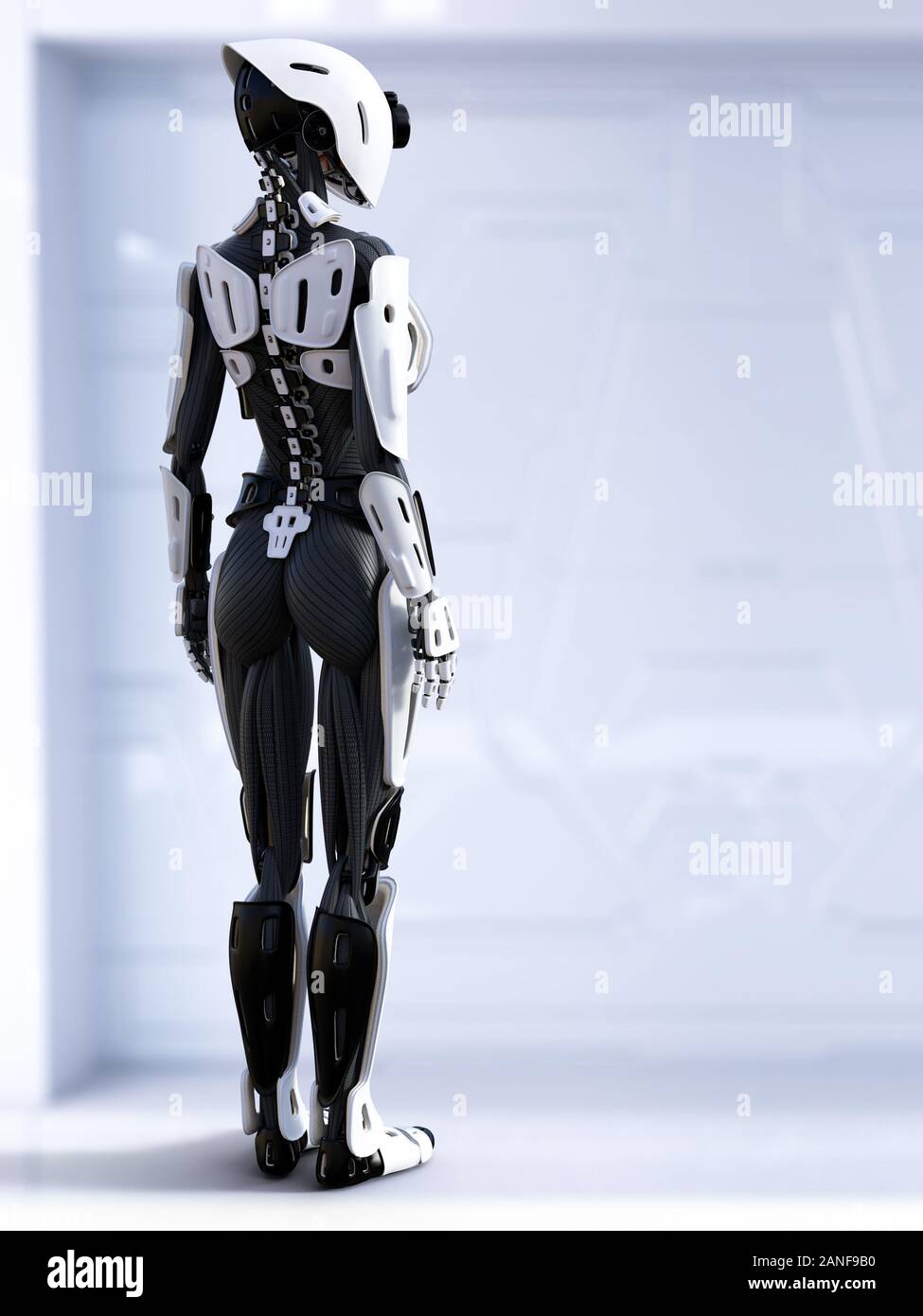 3D rendering of a female android robot standing with her back turned  against the camera. Futuristic ai concept Stock Photo - Alamy