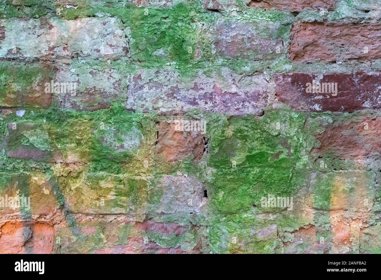 Brick wall. Old paint. Different colour.  Close-up.  Old wall multicolor. Bricks painted in a different bright color Stock Photo