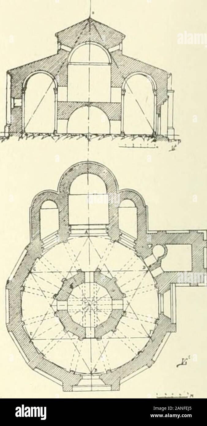 Revue de l'art chrétien . à 6 pointes (^). Cetédifice fut fondé en 1208, on peut lire cemillésime sur une pierre de ses voûtes. Ila la forme dun dodécagone régulier, aug- 1. Extrait de M Architecture^ année 1898, p. 76. 2. Ce tracé curieux a été adopté plus tard à la cuisinede labbaye de Durham, et a donné les lignes des nervuresde la voûte. Le même tracé est la base de la construction des voûtesnervces du style mauresque. Il se retrouve dans les troispetites coupoles du prestigieux Mihrab de la mosquée deCordoue. En Espagne ce genre de voûte est fréquentdans lea constructions mudéjares. Légli Stock Photo