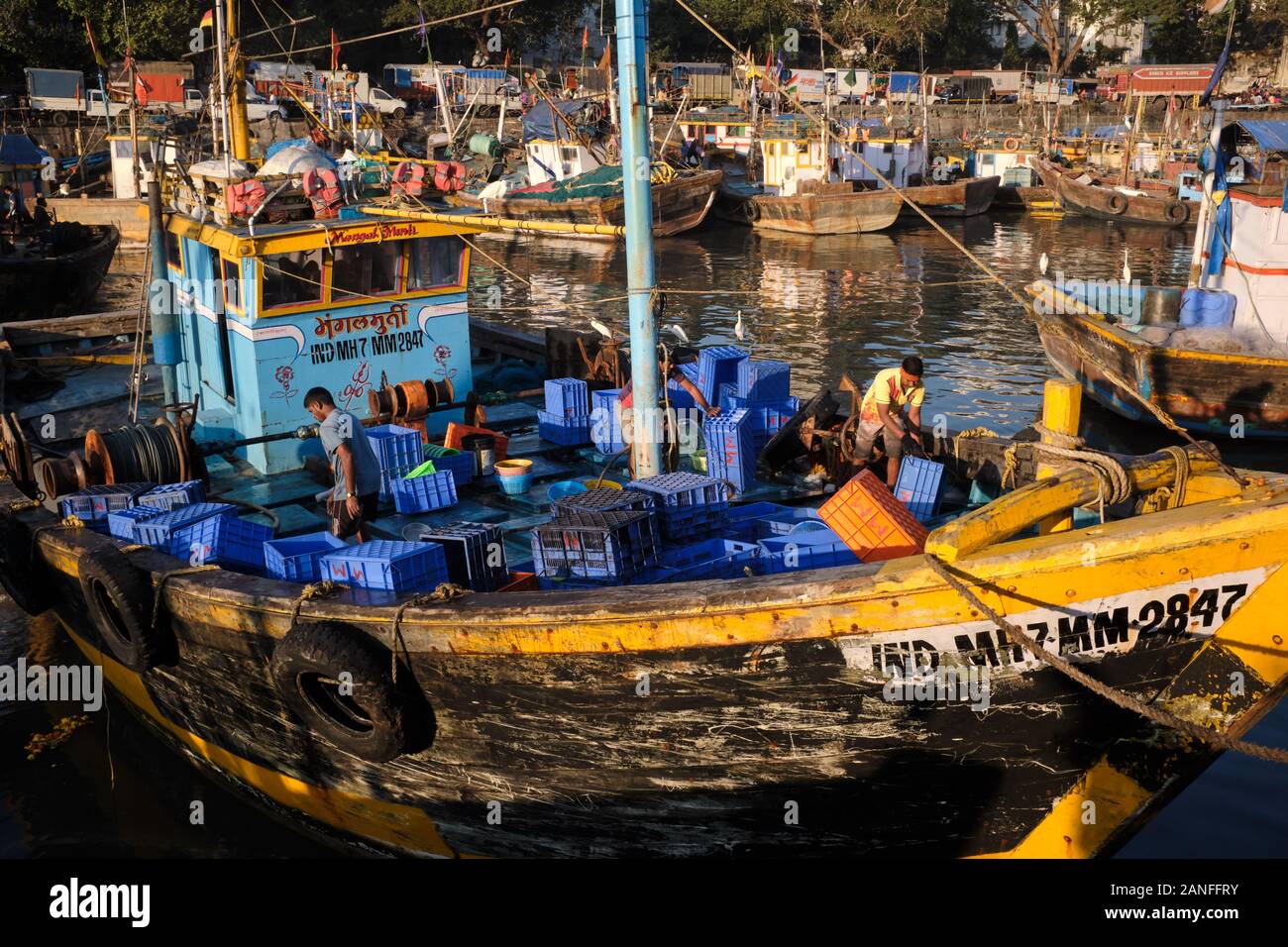 Fishing trawlers anchored at Sassoon Docks, in Colaba area, Mumbai ...