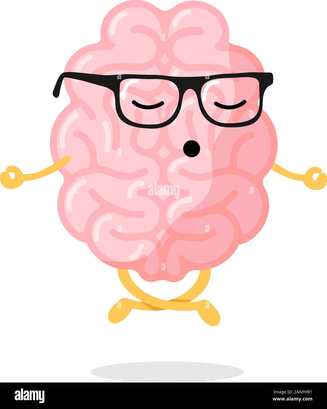 Cute cartoon smart human brain character with glasses relaxation meditate concept. Central nervous system organ meditation in lotus yoga pose. Funny relax concept vector illustration Stock Vector