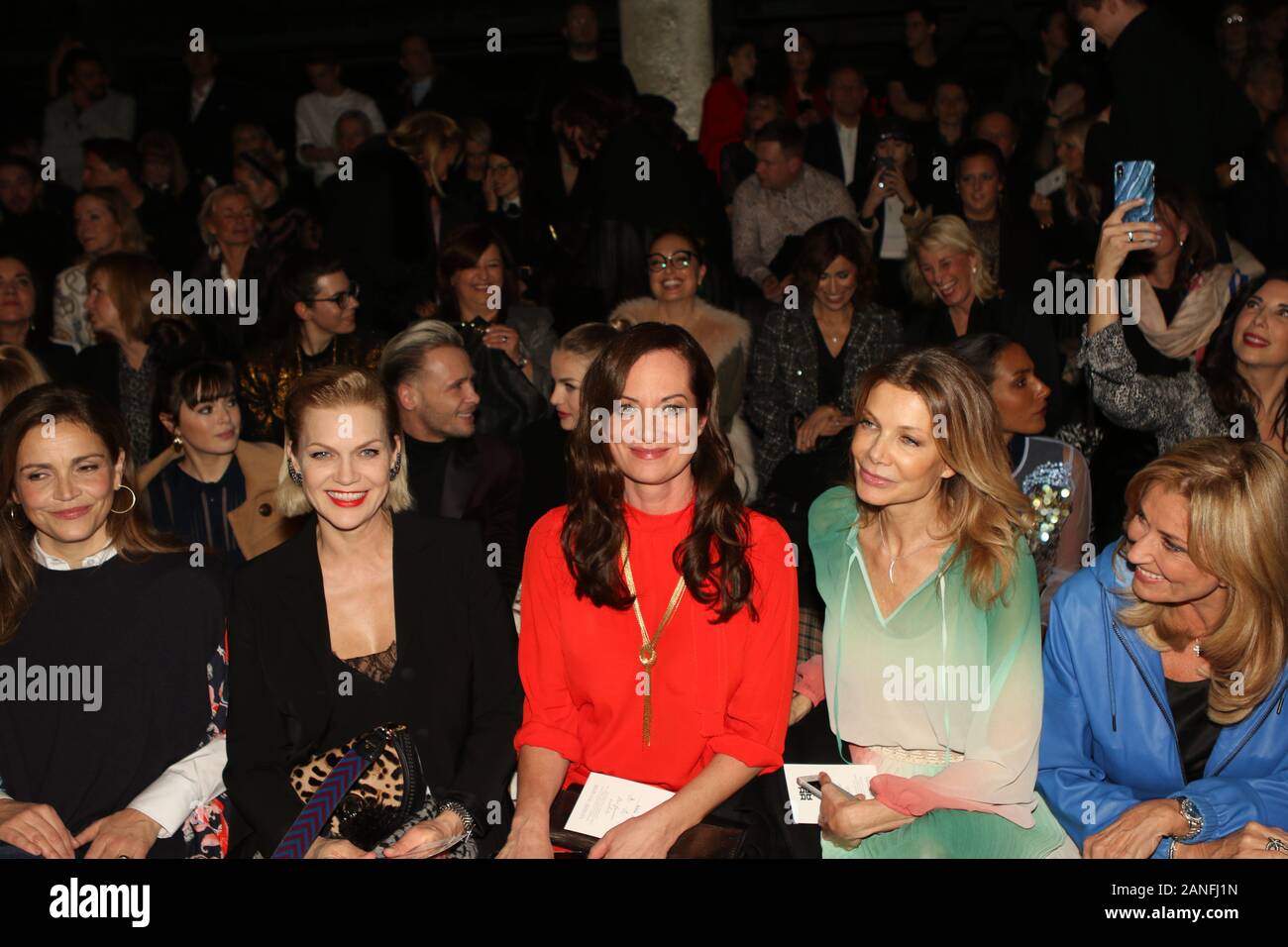 Germany, Berlin, 01/15/2020: (left-right) Rebecca Immanuel, Anna Loos, Natalia Woerner, Ursula Karven and Dagmar Woehrl  attend the Riani show during Berlin Fashion Week Autumn/Winter 2020 at Kraftwerk Mitte on January 15, 2020 in Berlin, Germany. Stock Photo