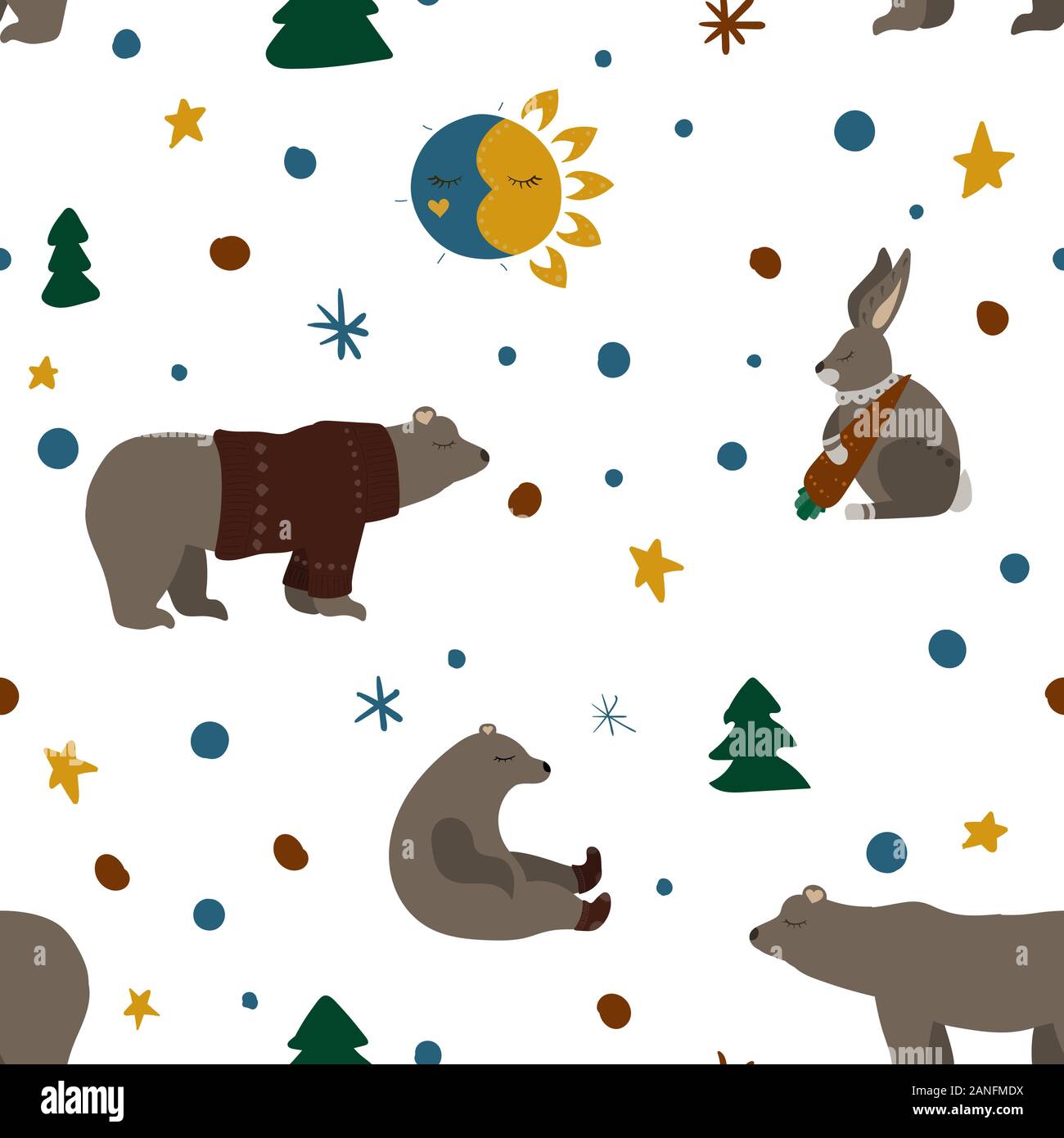 Bear and hare with carrot. Winter forest. Night sky. Vector illustration. Seamless pattern background. Stock Vector