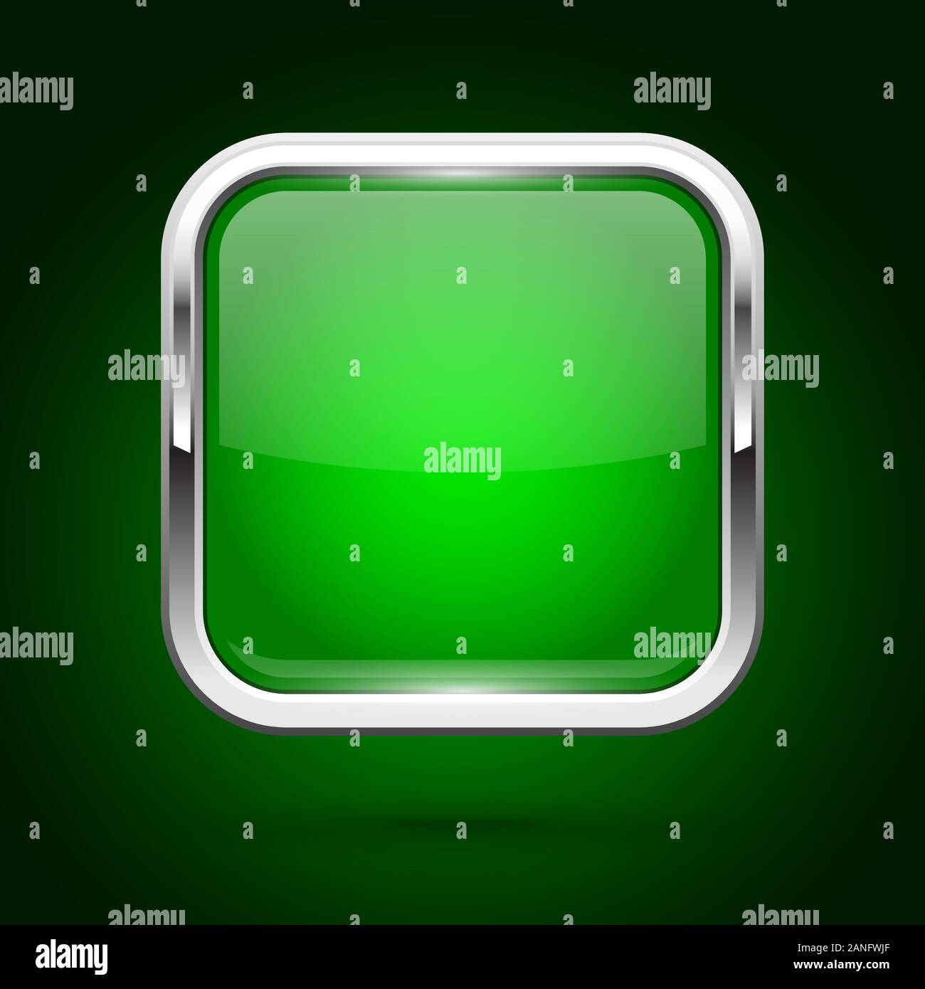 Green glass button with metal frame. Square iconon green background ...