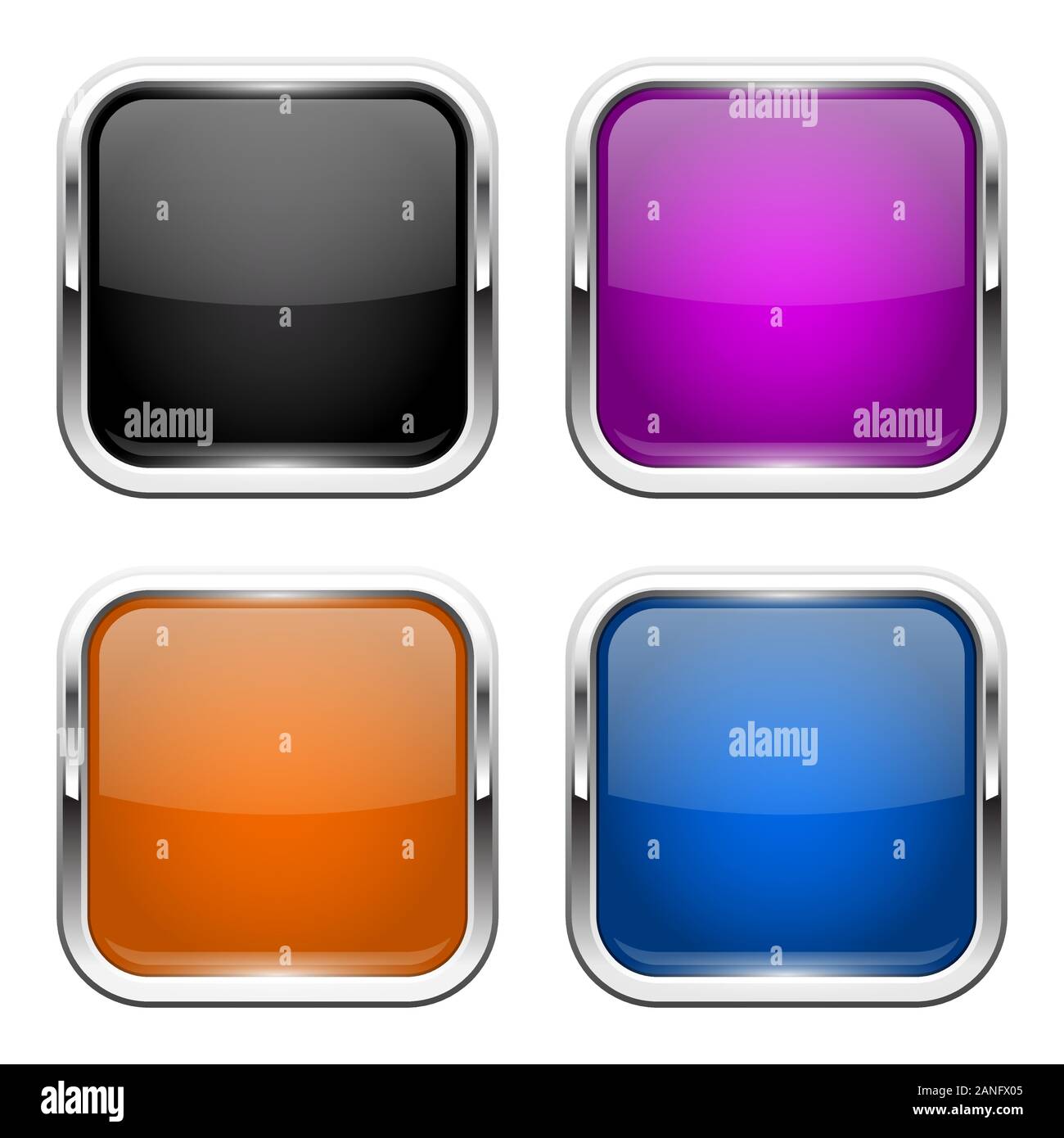 Push buttons. Glass colored square icons with chrome frame Stock Vector