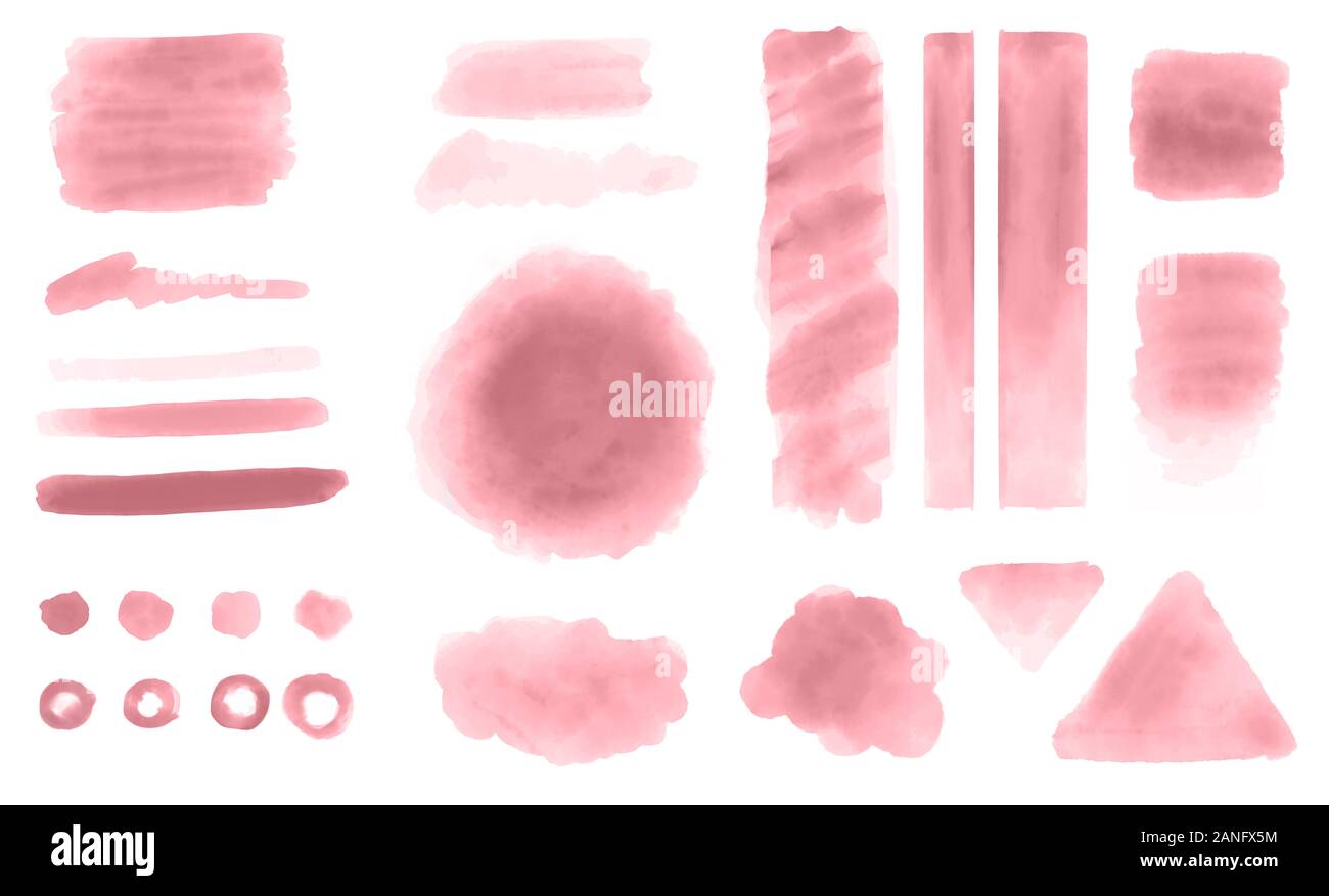Rose watercolor blot, daub, splat, shapes, brush strokes for decorative design elements on white background. Hand drawn social media graphic content. Stock Photo