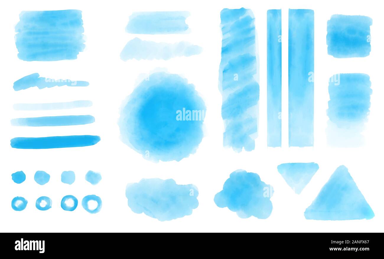 Blue watercolor set blot, daub, splat, shapes, brush strokes for decorative design elements on white background. Use for social media graphic content. Stock Photo