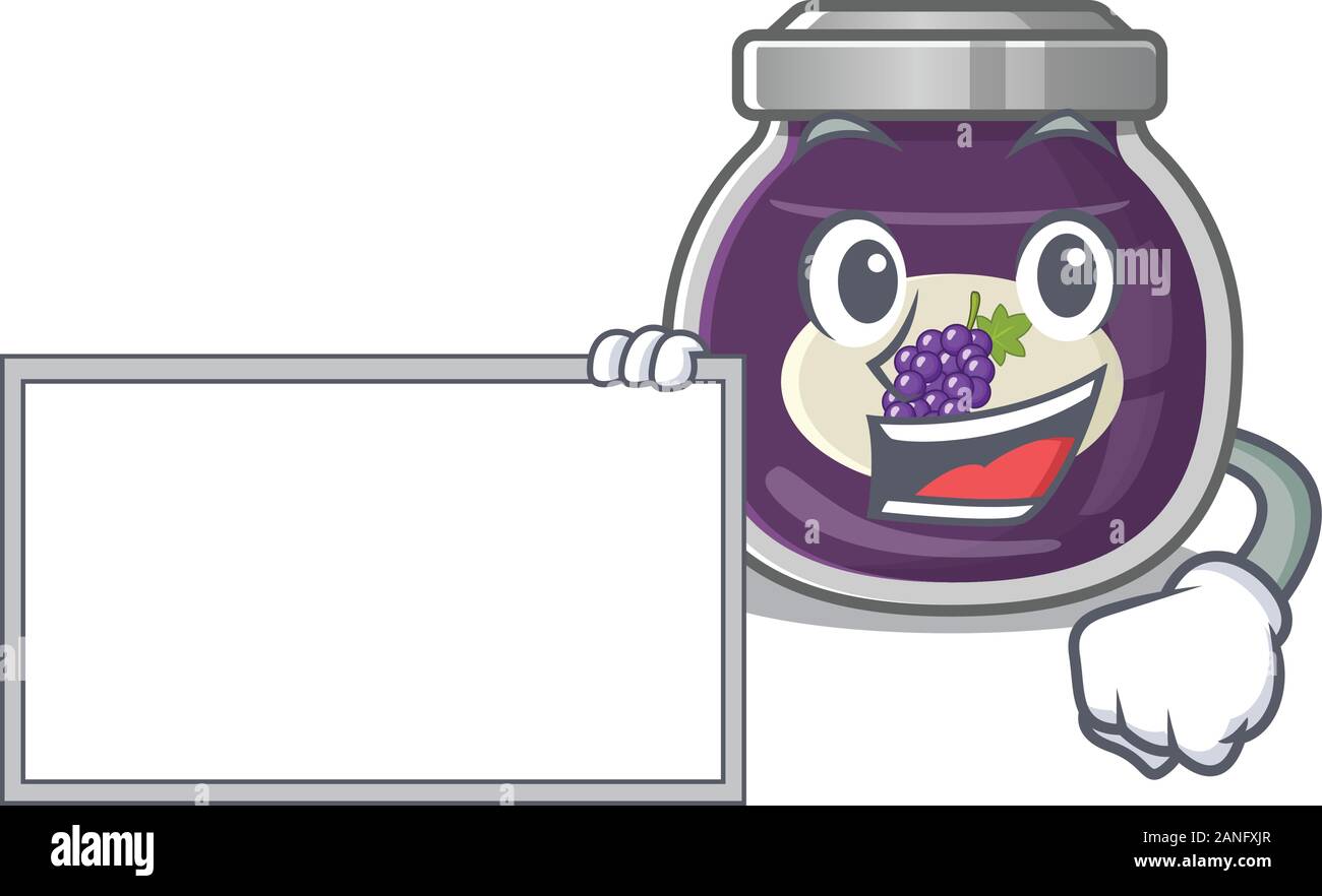 Funny grape jam cartoon character design style with board Stock Vector