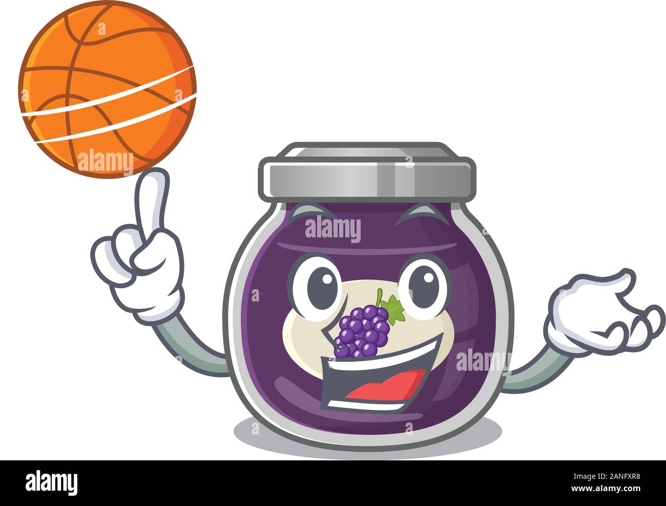 A mascot picture of grape jam cartoon character playing basketball
