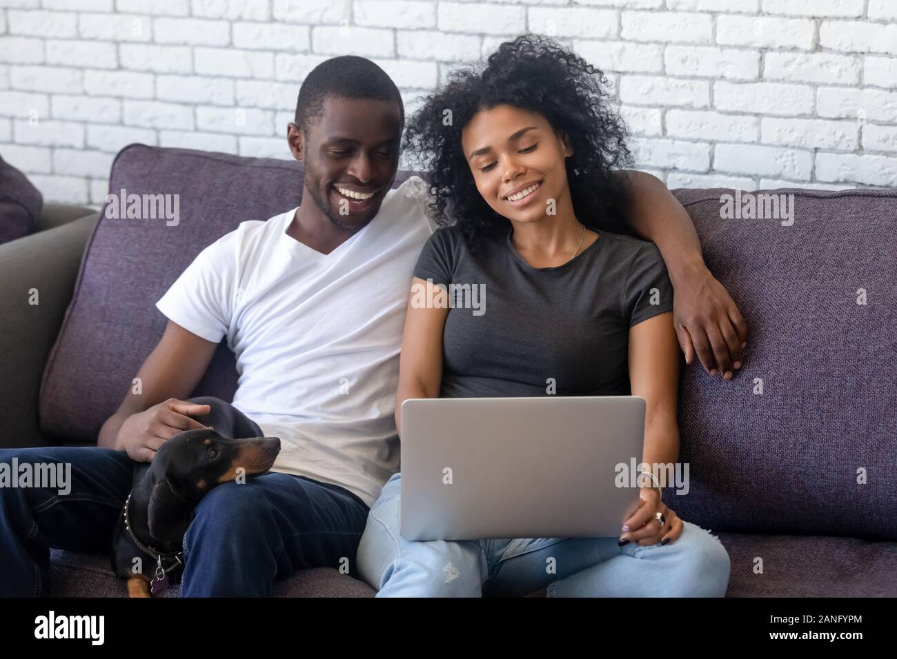 Happy black couple using laptop relaxing with pet at home Stock Photo ...