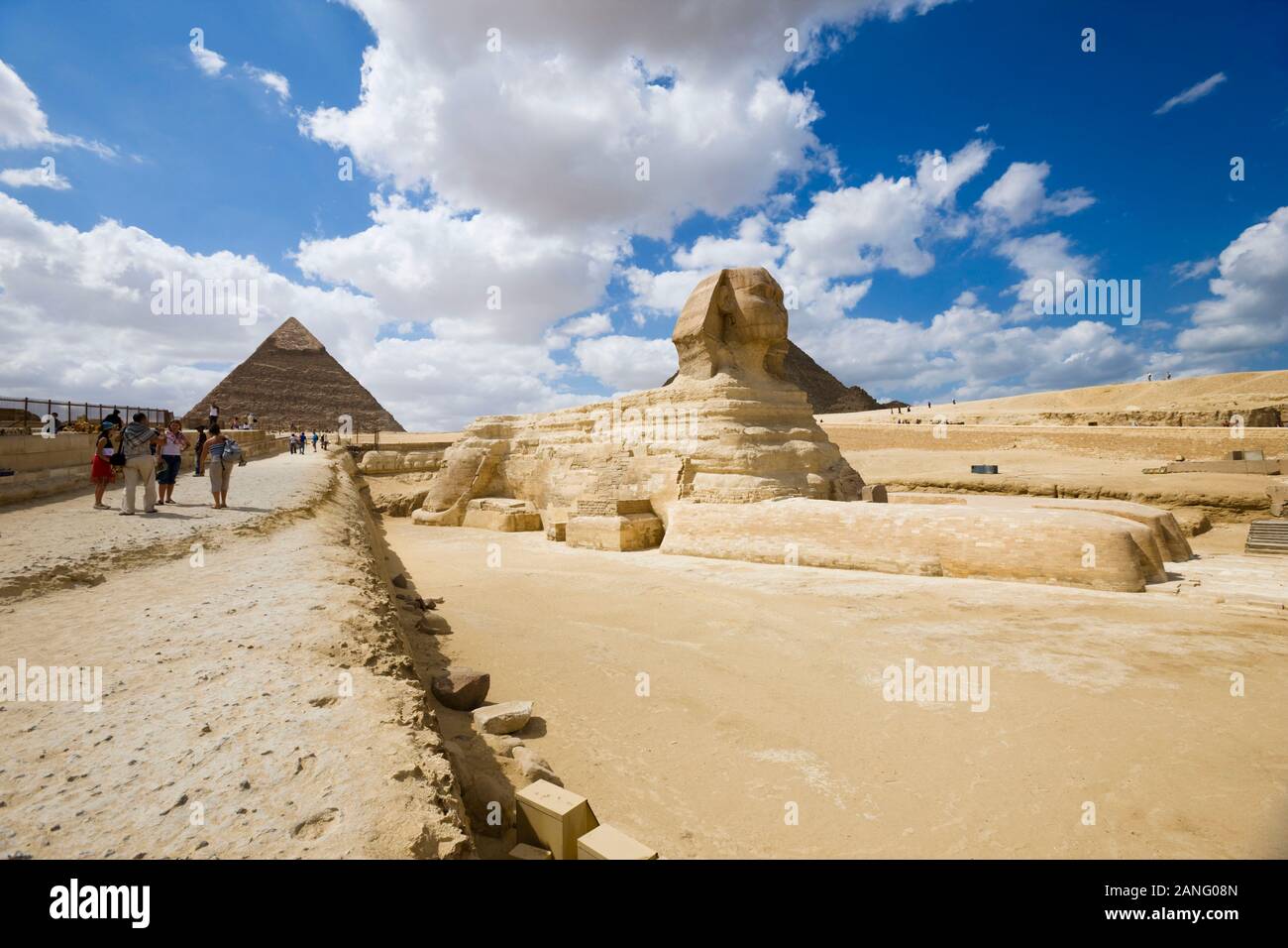 Great Sphinx and Great pyramids, in sandy desert, giza, cairo, Egypt, North Africa, Africa Stock Photo