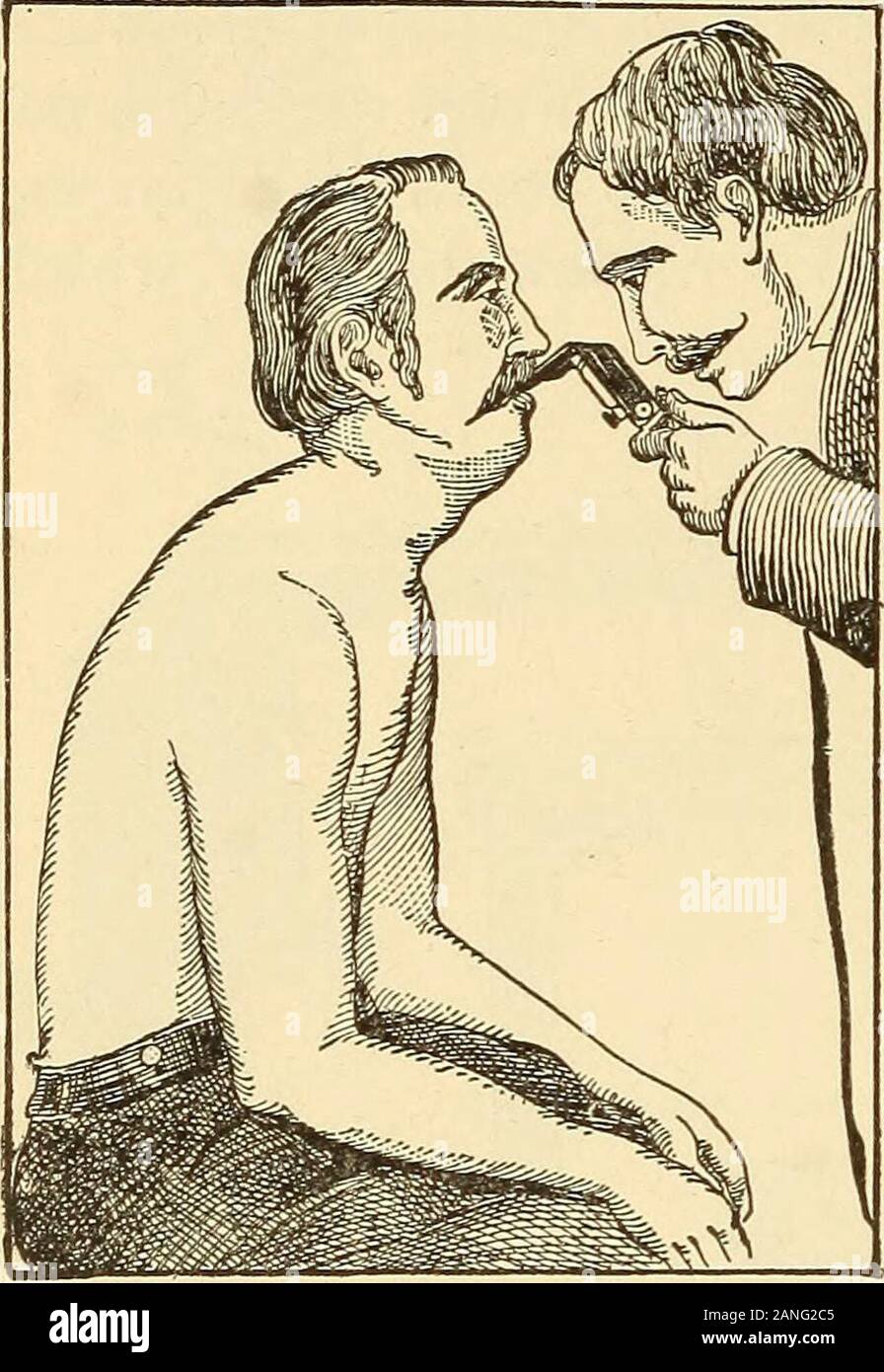 A text-book on diseases of the ear, nose and throat . Kirsteins laryngoscope with electric-light attachment and inter-changeable depressor. (Thorner.) 594 DISEASES OF THE LARYNX. Fig. 244.. line with, the buccal cavity. The method is of limited application ouly^for but few patients are able to bear without resentment of the partsthe prolonged and somewhat painful manipulation which the methodnecessitates. The relative positions of patient and examiner can beappreciated by reference to the figure. The instrument consists of, first, a spat-ula fourteen centimetres long, and notchedso as to fit a Stock Photo