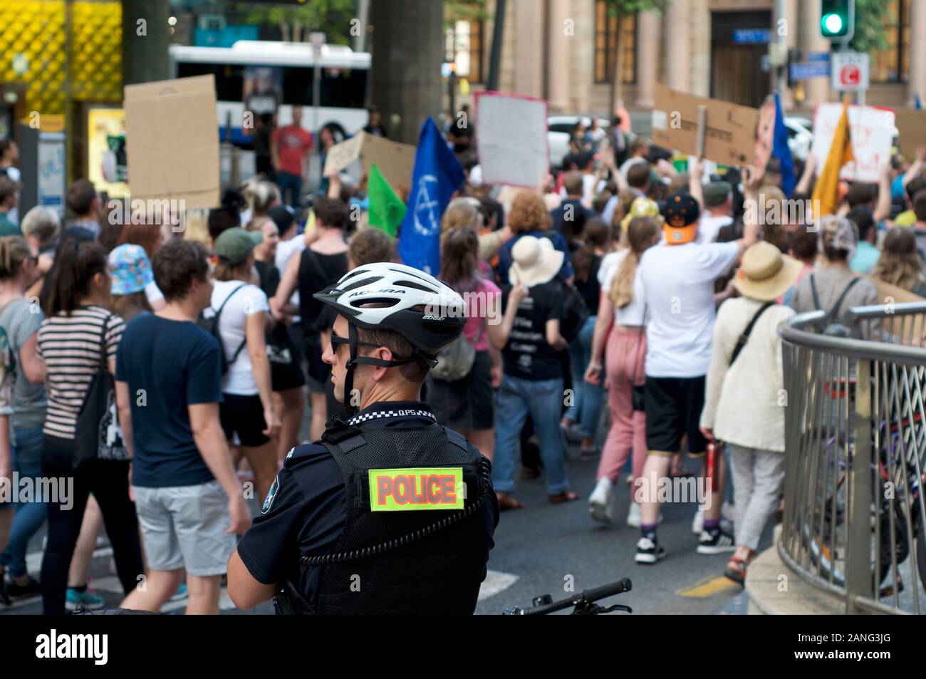 Brisbane, Queensland, Australia - 10th January 2020 : Policeman watching anti Scott Morrison protest held in Brisbane against government inaction in r Stock Photo