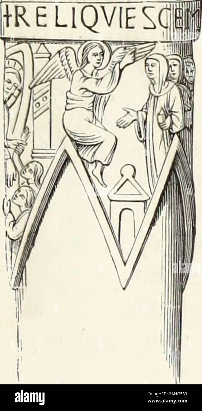 Caractâeristiques des saints dans l'art populaire . I^RELlQVIESCjll. Les saintes femmes de lÉvangile qui accompagnent laMadeleine au tombeau (Matth. xxviii, 1; Marc, xvi, 1), etque lon appelle communément les trois Maries, peuventbien être placées en tête de ce paragraphe, car lÉglisegrecque les désigne habituellement sous le nom deMyropliores, comme qui dirait Porteuses de j)arfums.Parfois dans le liaut moyen âge, on les voit arriver ausépulcre avec des encensoirs; mais le plus souvent ellesportent cliacune un petit vase fermé comme dans lebas-relief que voici -. Ce bâton en tau (ou potence) Stock Photo