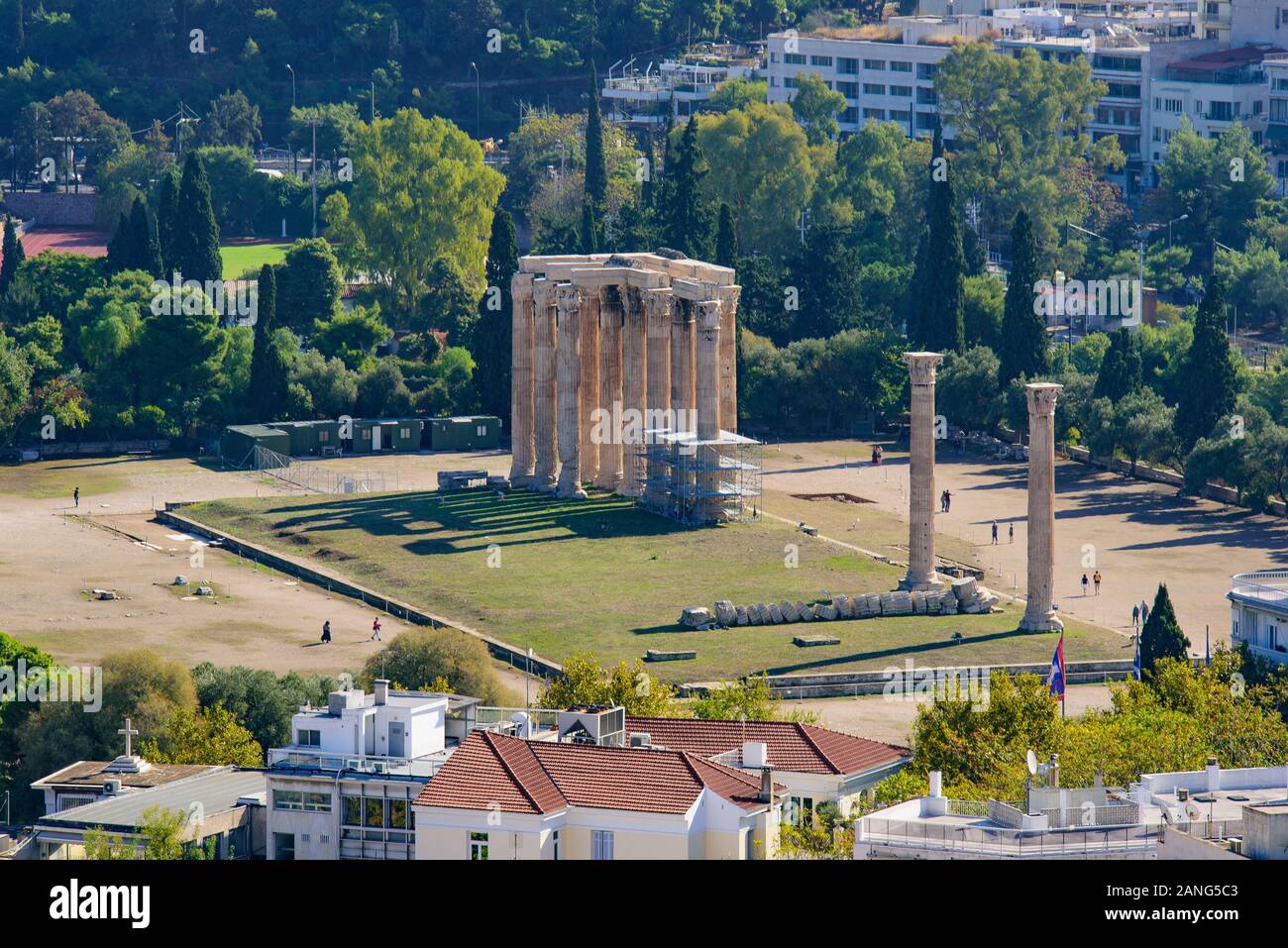 View of Temple of Olympian Zeus from Acropolis, an ancient temple for Zeus in Athens, Greece Stock Photo