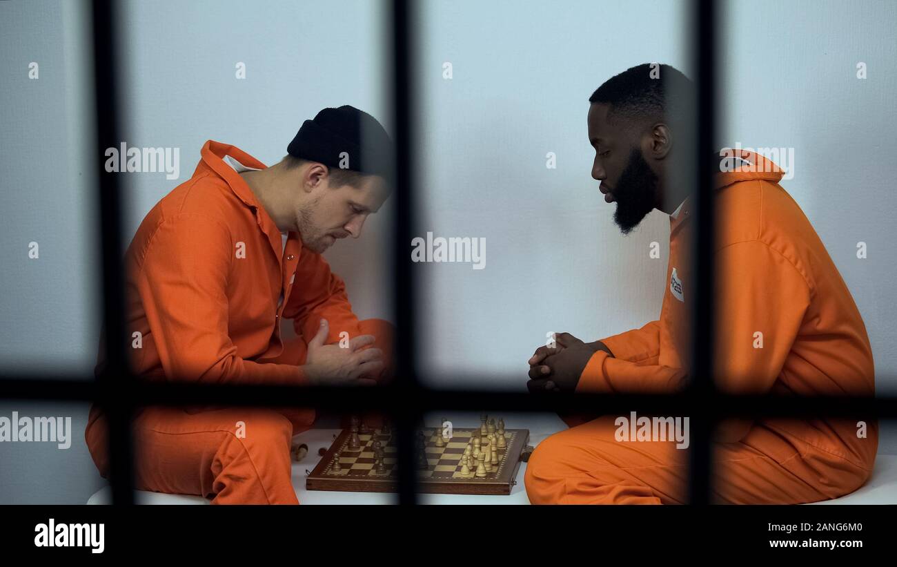 African american and caucasian criminals playing chess in cell, hobby ...
