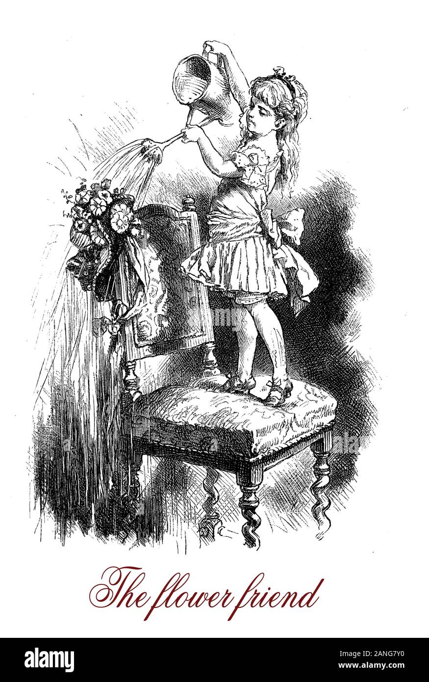 satirical magazine caricature and fun - the flower friend: little girl fancy dressed standing on a chair waters the flowers of the mum's hat Stock Photo