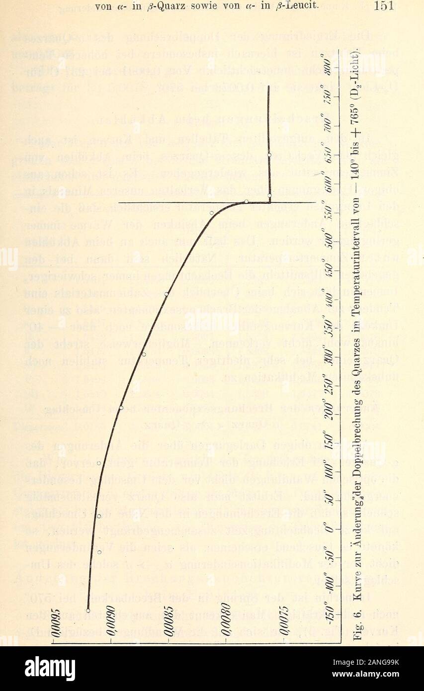 Neues Jahrbuch für Mineralogie, Geologie and Paläontologie . 152 F. Kinne und R. Kolb, Optisches zur Modifikationsänderung Die Erniedrigung der Doppelbrechung des a-Quarzesbeim Erhitzen ist hiernach insbesondere bei höheren Tem-peraturen nicht unbeträchtlich. Von 0,0091 bei 23° C fürD2-Licht sinkt sie auf 0,0078 bei 570° Erscheinungen beim Abkühlen.In den aufgestellten Tabellen und Kurven ist auchgleich das Verhalten des a-Quarzes beim Abkühlen vonZimmertemperatur aus wiedergegeben. Es ist schon ausobigen Darlegungen über das Verhalten unseres Minerals inden Intervallen erhöhter Temperatur ers Stock Photo