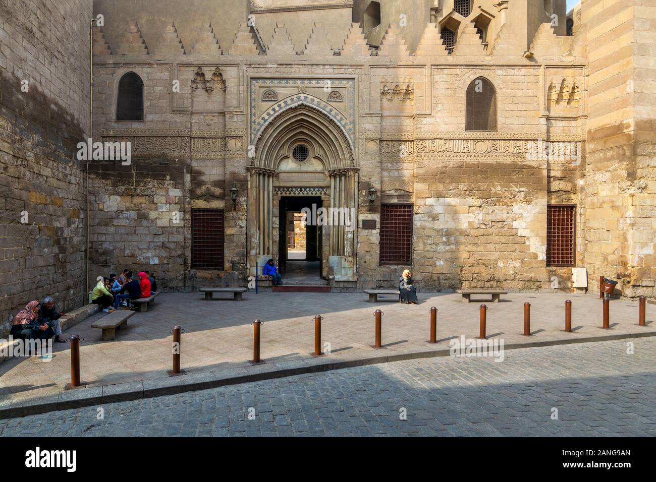 Cairo, Egypt- November 11 2016: Entrance of theological school and Mausoleum of Sultan Qalawun, Moez Street Stock Photo