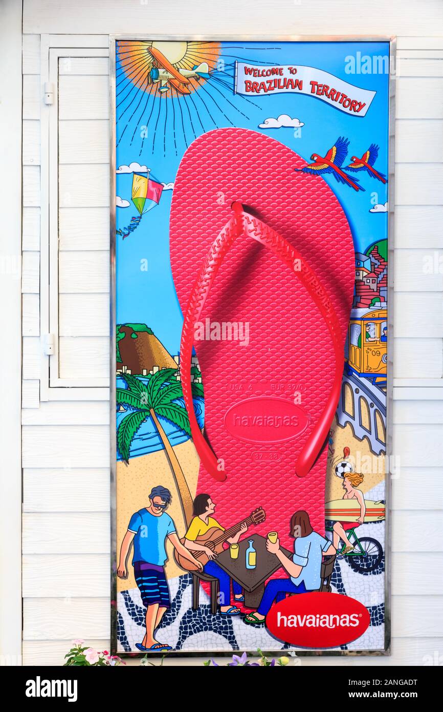 Patong, Phuket, Thailand - October 18th 2015: Advertising on a Havaianas kiosk. The footwear company is Brazilian. Stock Photo