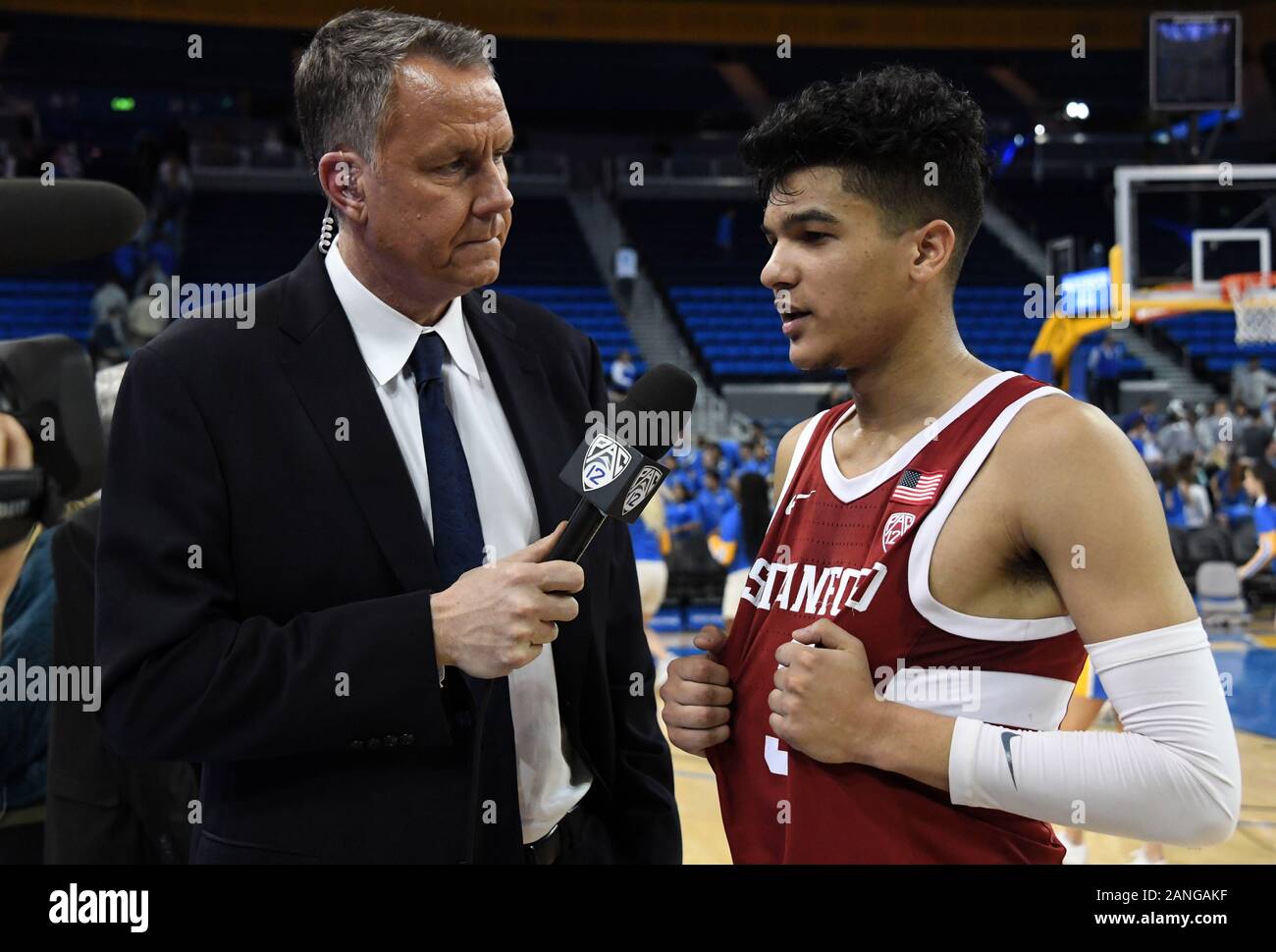 Jan 15, 2020; Los Angeles, California, USA; Stanford Cardinal guard Tyrell Terry (3) is interviewed by Pac-12 Networks broadcaster Dan MacLean after the game against the UCLA Bruins at Pauley Pavilion. Stanford defeated UCLA 74-59. (Photo by IOS/ESPA-Images) Stock Photo