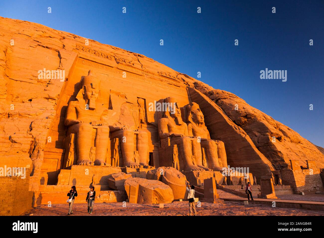 Morning light at the Great Temple, of Abu Simbel temples, Statue of Ramesses II, Nubian Monuments, Aswan Governorate, Egypt, North Africa, Africa Stock Photo