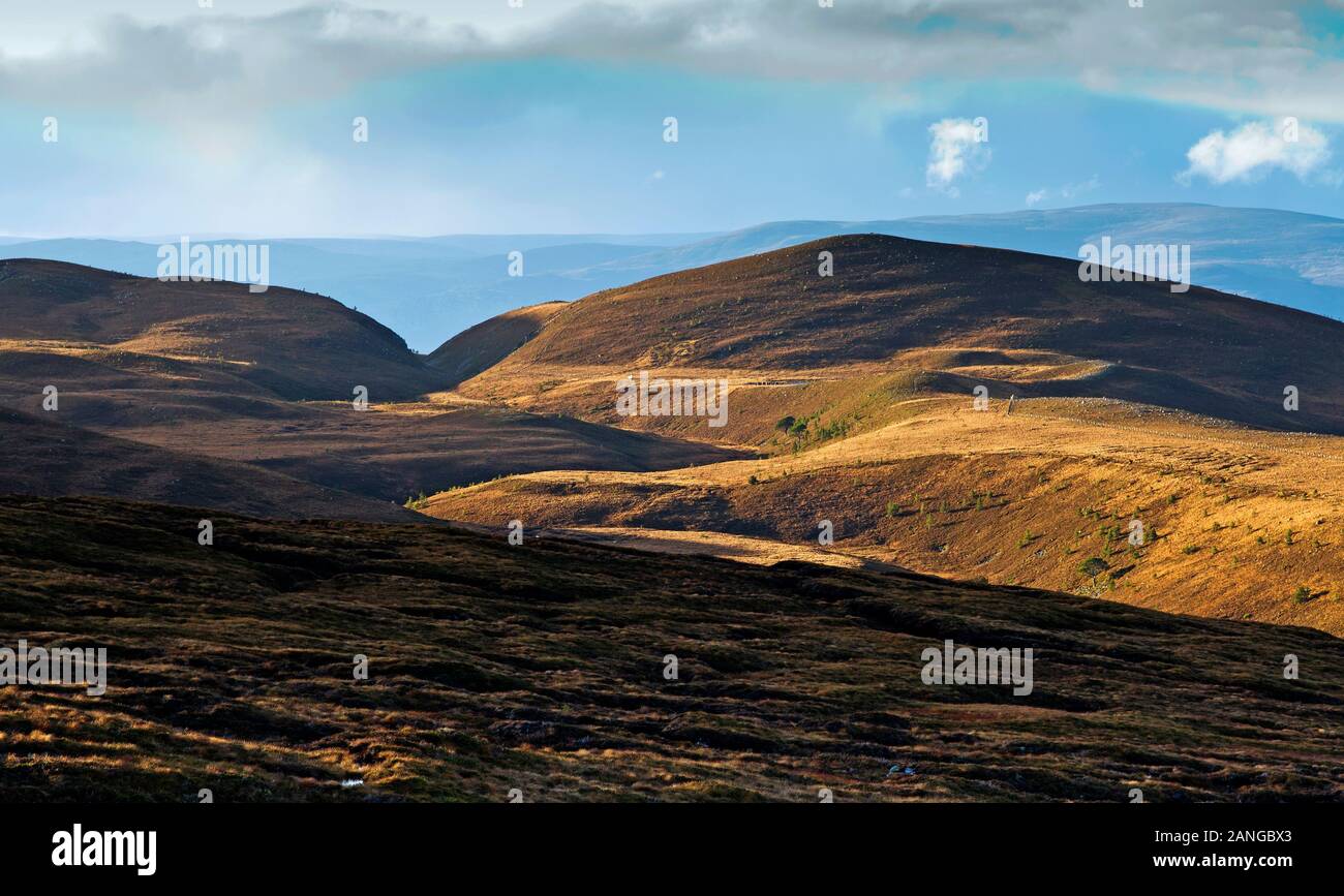 Castle Hill, Eag a'Chait Pass and Airgiod-meall seen across high undulating terrain from Cairngorm Mountain Ski Centre, Cairngorms, Scottish Highlands Stock Photo