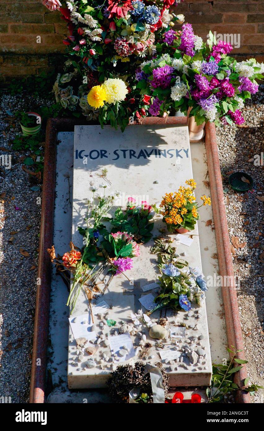 Grave of Igor Stravinsky, 1882-1971, composer and conductor, Graveyard Island San Michele, Venice, Venice, Veneto, Italy, Europe Stock Photo