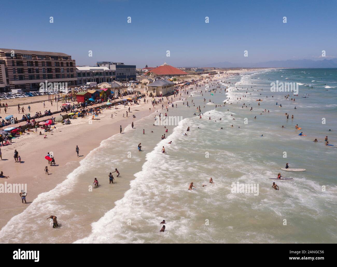 Aerial overhead Muizenberg beach in Cape Town South Africa Stock Photo
