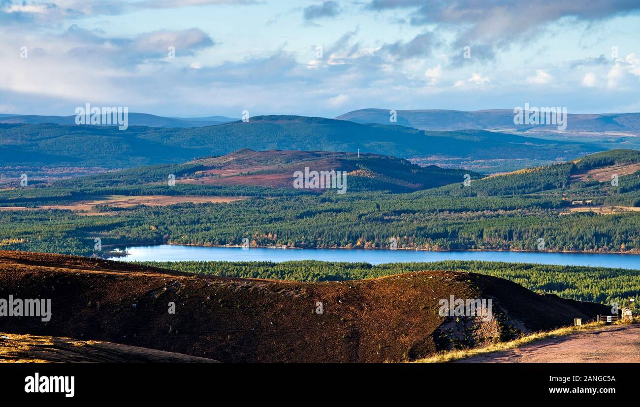 Looking down on Loch Morlich and Glenmore Forest Park from Cairngorm Mountain Ski Centre, Cairngorms National Park, Scottish Highlands UK, autumn. Stock Photo