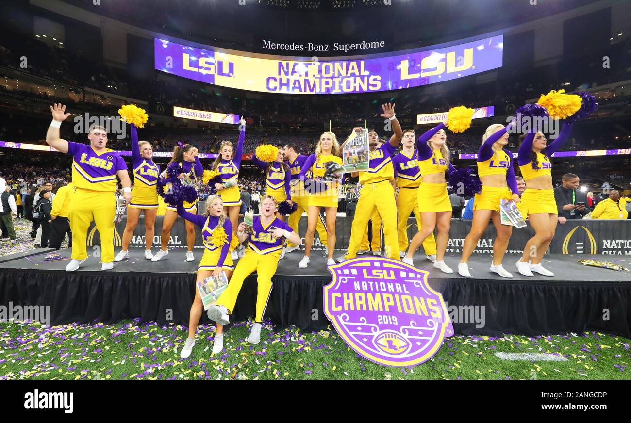 LSU Tigers cheerleaders celebrate after the NCAA College Football Playoff national championship game against the Clemson Tigers Monday, Jan. 13, 2020, in New Orleans. LSU defeated Clemson 42-25. (Photo by IOS/ESPA-Images) Stock Photo