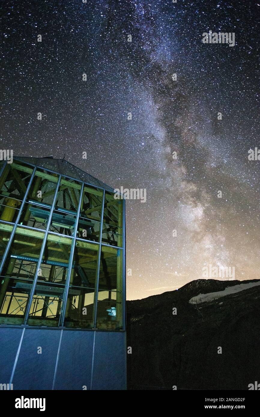 Milky Way and starry sky near Wilhelm Swarovski Observatory. Austrian Alps. Europe. Stock Photo