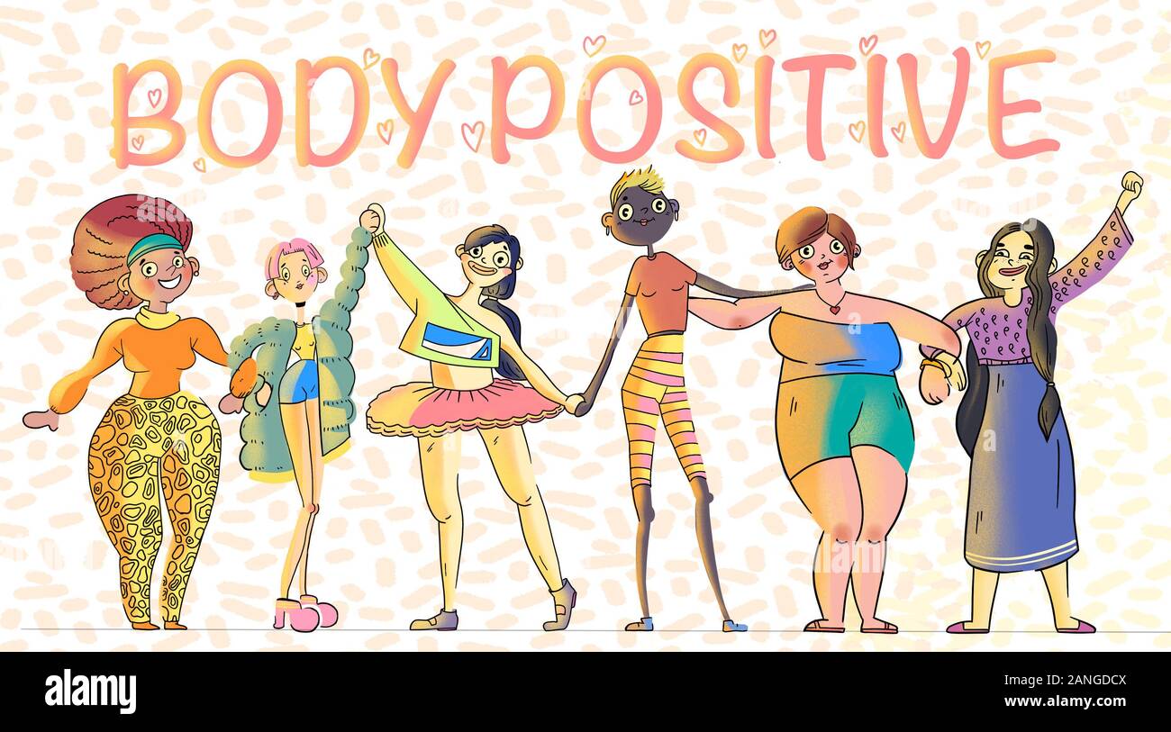 Body positive. Cute, cartoon illustration with women different body, nationalities and cultures. Stock Photo