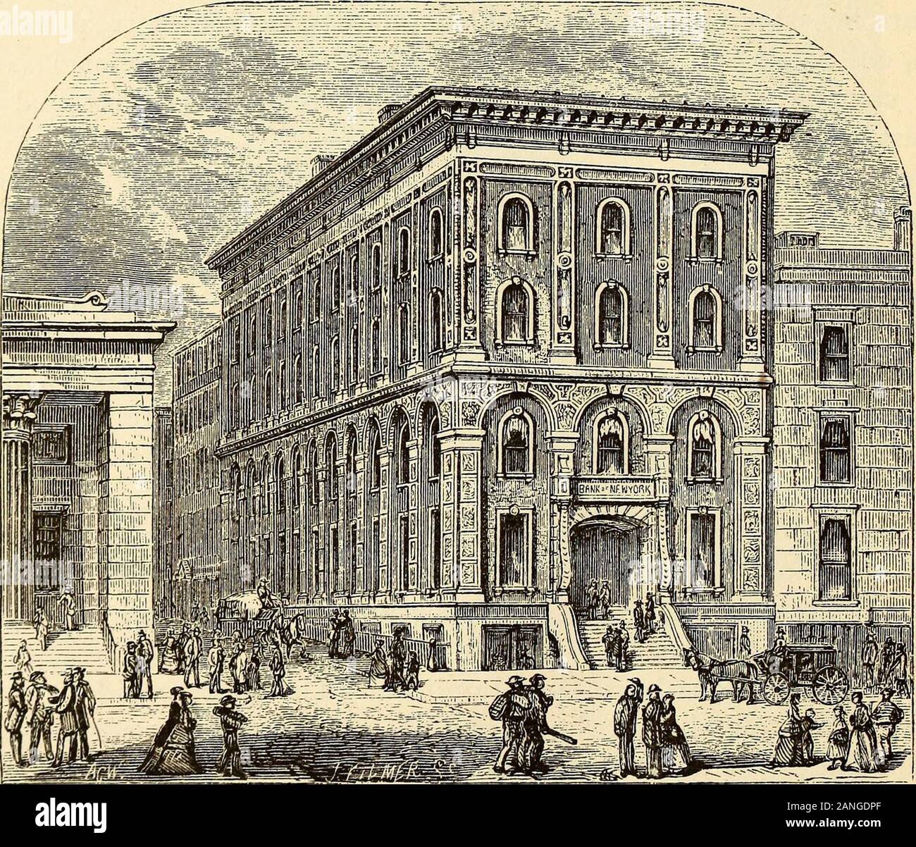 The magazine of American history with notes and queries . (1863), Charles M. Fry (1876) ; its cashiers, William Seton (1791),Charles Wilkes (1794), Cornelius Heyer (1825), Anthony Halsey (1832),William B. Meeker (1856), Richard B. Ferris (1873). The bank was located in the McEvers mansion in Wall Street corner 422 WALL STREET IN HISTORY of William, upon the site of which arose the building illustrated below.Only once in its history has it passed a dividend, in 1837, when the legis-lature prohibited all banks from paying dividends. Six per cent, was therate for several years, but the extra divi Stock Photo