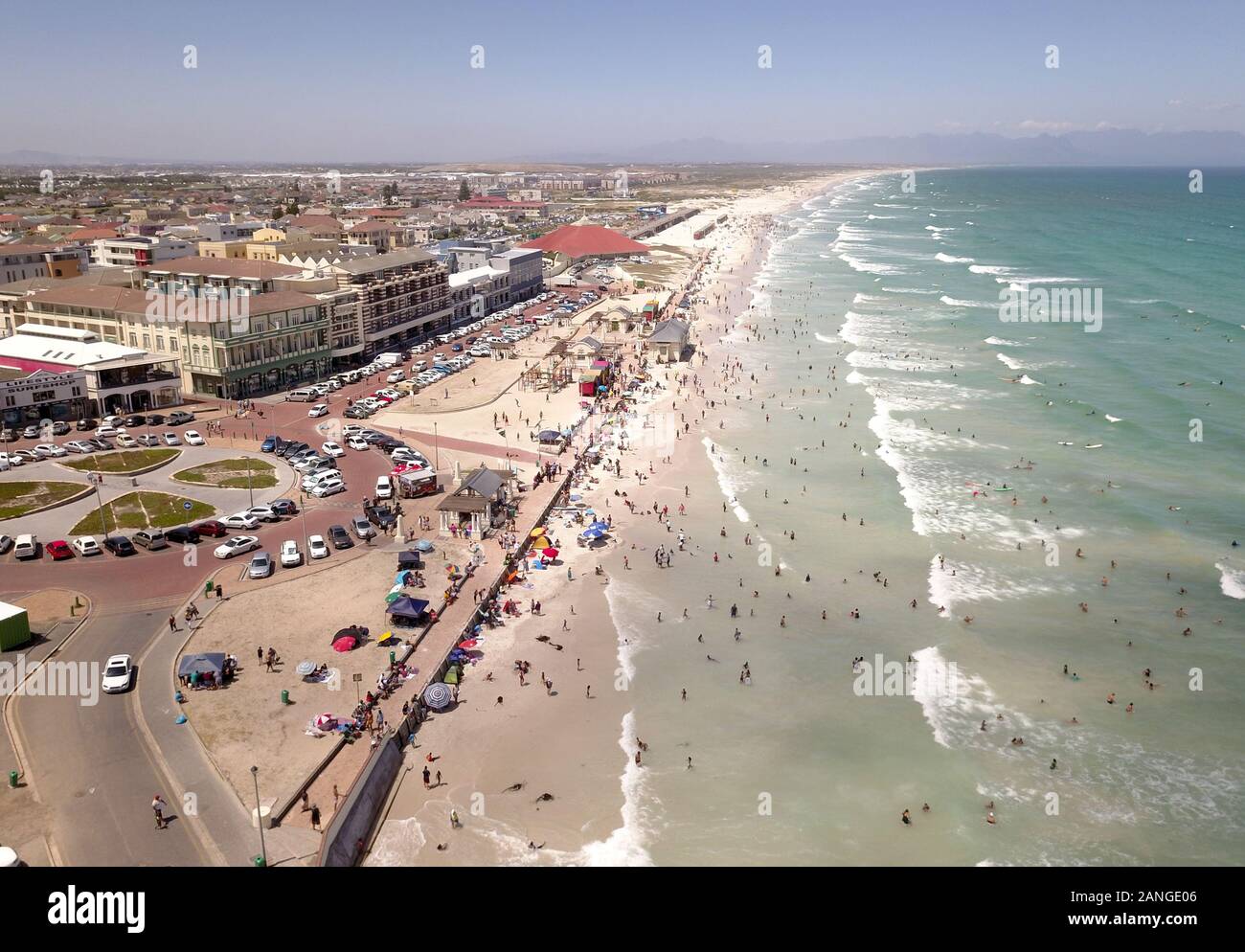 Aerial overhead Muizenberg beach in Cape Town South Africa Stock Photo