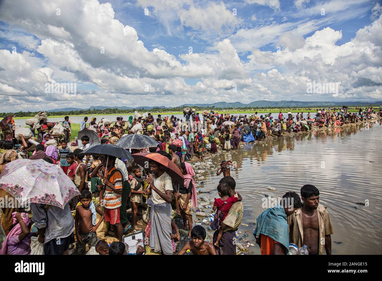 Rohingya refugee in Bangladesh. Thousands people crossed border between Myanmar and Bangladesh and waiting food and medicine. Stock Photo