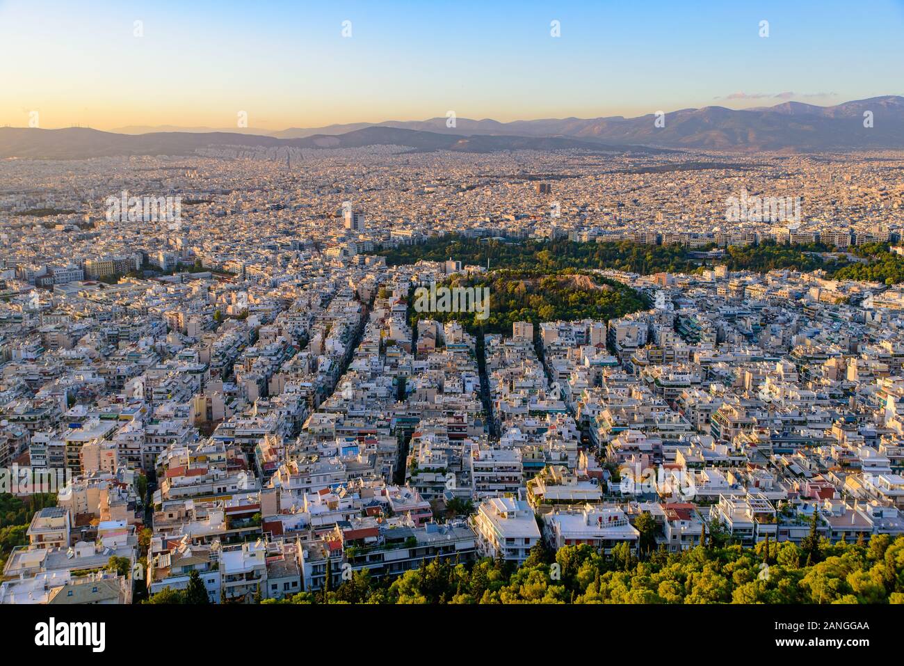 Panoramic view of Athens city from Lykavittos Hill at sunset time Stock Photo