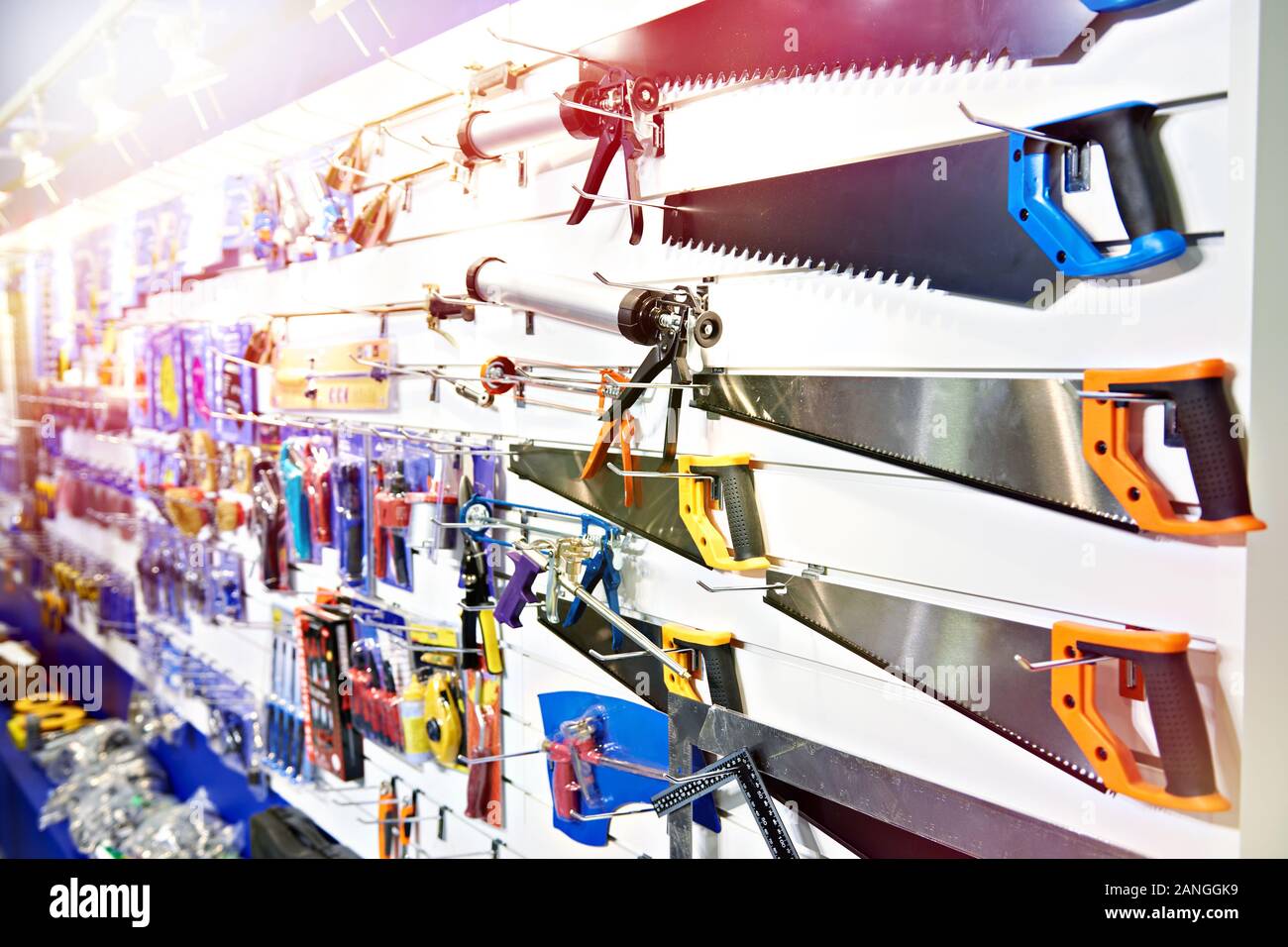 Hand saws in a construction tool shop Stock Photo Alamy